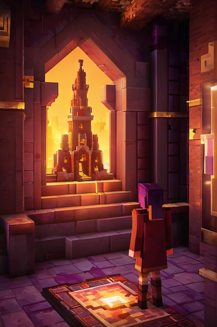 girl  in  Minecraft: Nether Stronghold: A fortress built from dark materials within the Nether, filled with aggressive mobs and valuable resources. with many details,