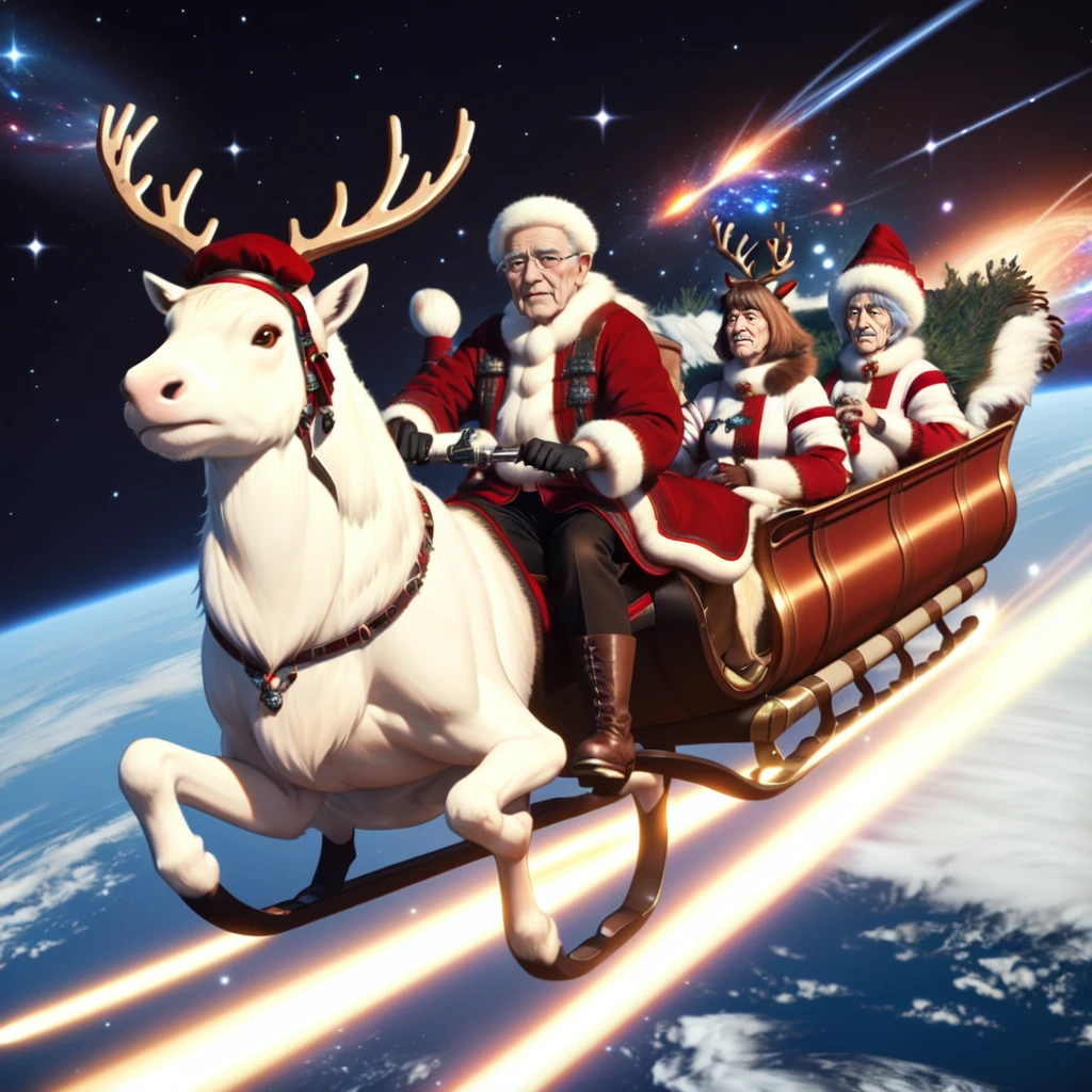 <lora:Atmosentrydeer_v1:0.5>, galaxy, space, fur-trimmed boots, fur-trimmed headwear, reindeer, old man, realistic, Atmospheric re-entry , sleigh, supernova