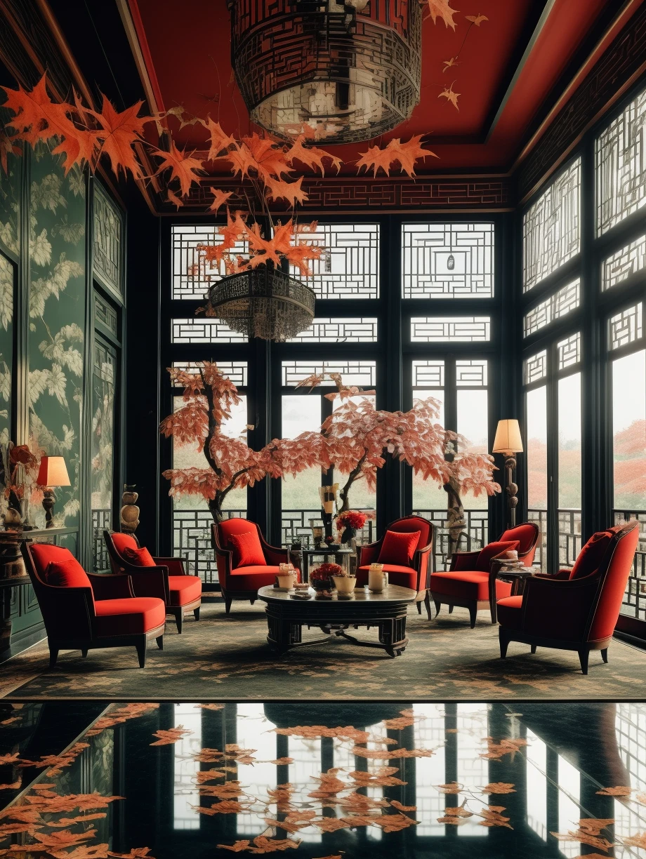 French Chinese style, no humans, scenery, window, reflection, couch, table, tree, indoors, lamp, chair, autumn leaves, reflective floor, leaf, restaurant, plant,<lora:Justin_French_Chineses_V120:0.7>,