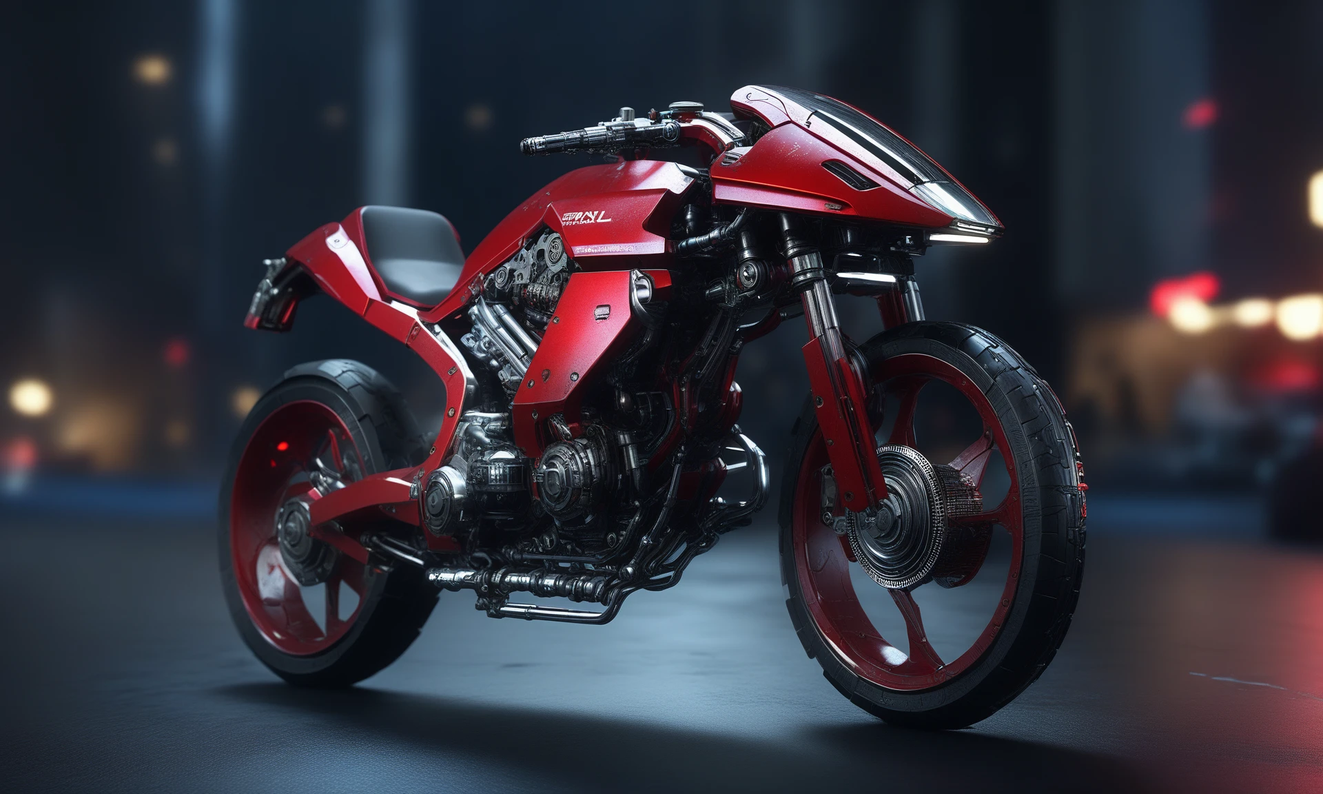 <lora:mechcd_xl-000007:0.8>,a (mechcd_xl,mech,cyberpunk,shiny,glowing,mechanical parts,joints,military) motorbike,red theme,military vehicle,no humans,solo,long-focus,tilt-shift,outdoors,full body,cityscape,at night,dim light,science fiction,dystopian,futuristic,intricate,still life,front view, emotional,harmonious,high budget,moody,epic,gorgeous,perfect lighting,realistic,photorealistic,photographic,photo (medium),real,moody lighting,volumetric lighting,reality ray tracing,8K,HDR,UHD,masterpiece,best quality,highly detailed,high resolution,finely detail,extremely detailed,ultra detailed,wallpaper