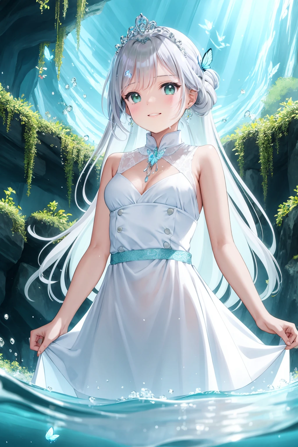 anime girl in polar dress in a water filled environment, in the style of light silver and light azure, delicate flowers, heavy shading, tiara, rococo style, princesscore, green eyes, happy, long silver hair, crystal theme, full of crystals, light blue, butterfly, blue rose, 32k uhd, amedee ozenfant, elaborate costumes, flowing brushwork <lora:mignonV73-000190:1>