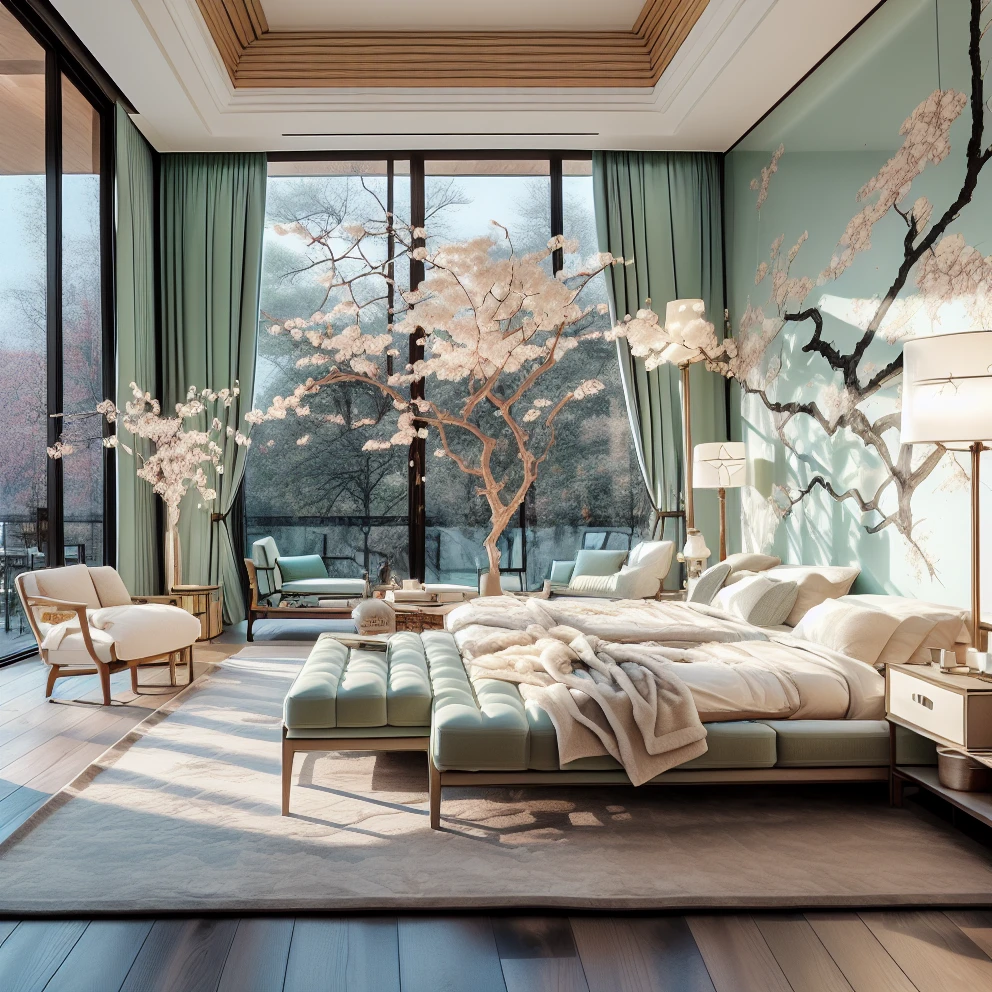 Northern Song Style,no humans,scenery,couch,tree,lamp,indoors,window,wooden floor,table,pillow,curtains,carpet,cushion,bed,book,rug,chair,day,<lora:NorthernSong:0.9>,