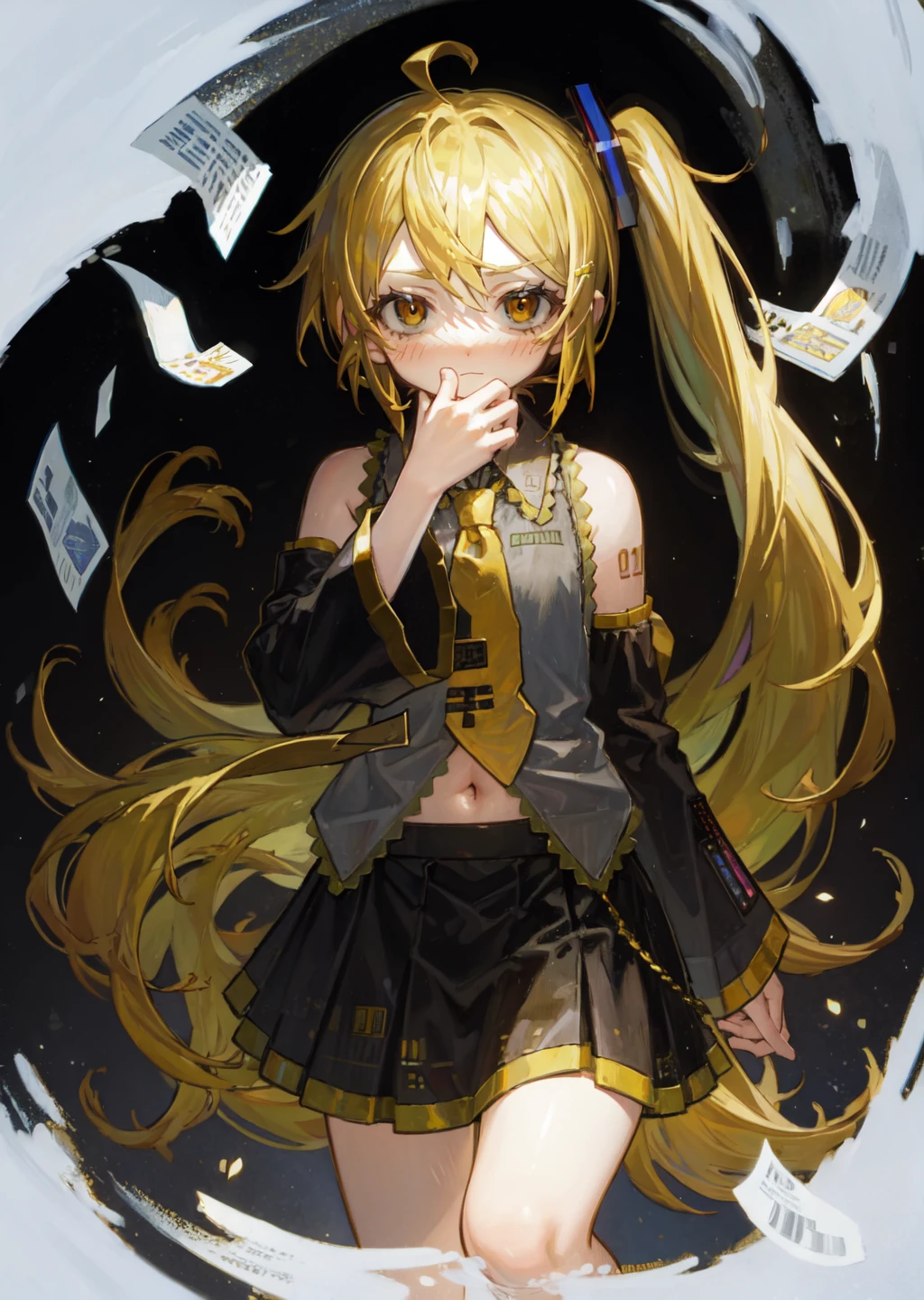 mksks style, detailed, extremely detailed, masterpiece, best quality, illustration, intricate details, sidelighting, <lora:akita_neru-10:1> akita neru,
 1girl, blonde hair, yellow eyes, long hair, detached sleeves, side_ponytail, shirt, yellow necktie, blush stickers, skirt, sleeveless shirt, grey shirt, sleeveless, necktie, bare shoulders, black sleeves, hand on own chin, hair_ornament, black skirt, looking at viewer, very long hair, blue, shirt, navel