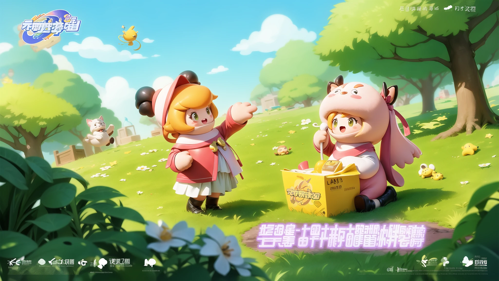 (masterpiece, top quality, best quality, official art, beautiful and aesthetic:1.2),(8k, best quality, masterpiece:1.2),game icon institute/\(jiemian/ï¼, a cartoon of two girls in a forest with a cat and a dog on the ground, vague, one of them is holding a bird, smile, open mouth, multiple girls, blonde hair, hat, 2girls, green eyes, pink hair, outdoors, food, sky, tree, copyright name, fruit, grass, logo, copyright, ladybug, <lora:Game Icon Institutemmo2:1>