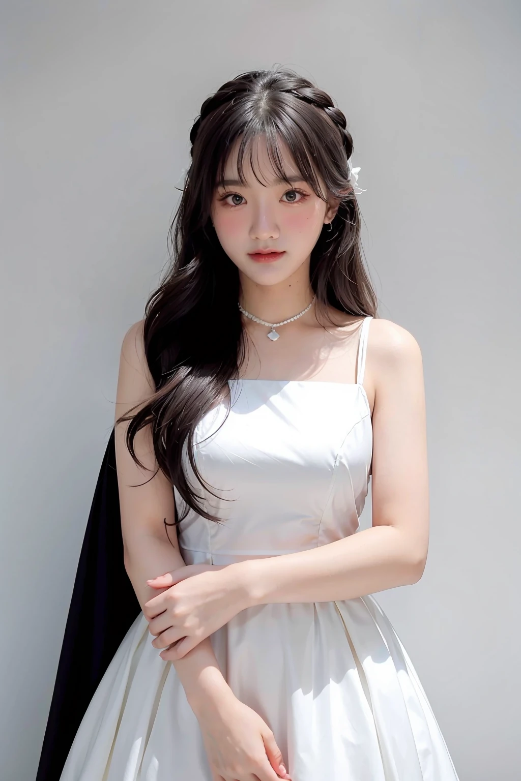 One girl,With bangs,White long dress, ,Black background, See-through tops、Big Breasts、camisole、(White wall as background、Some of her hair is sky blue:1.4)、White wall、In front of a white door、(A room with a white wall and a window)、((Highest quality、8k、masterpiece:1.3))、Ultra-high resolution、(photoGenuineistic:1.4)、RAW Photos、Japanese,(detailed aspects)、Genuine、Photographed in natural light、Highly detailed face and skin texture、Highly detailed lips、The correct state of the human body、Medium Hair、Black Hair、Various poses、Natural color lip