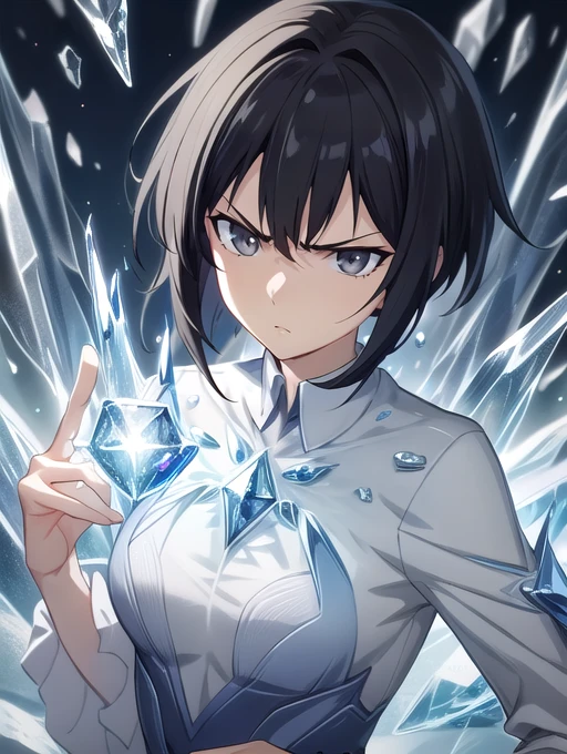 best quality, masterpiece, highres, detailed, digital artwork, <lora:Tools - add_detail:0.2>, IceElementCh, ice, blue theme, ice body:2, <lyco:Change - IceElementCh:0.8>, AmamiyaRON, magic, black hair, short hair, grey eyes, mature woman, formal, <lora:Character - AmamiyaRON:0.6>, close-up, serious,