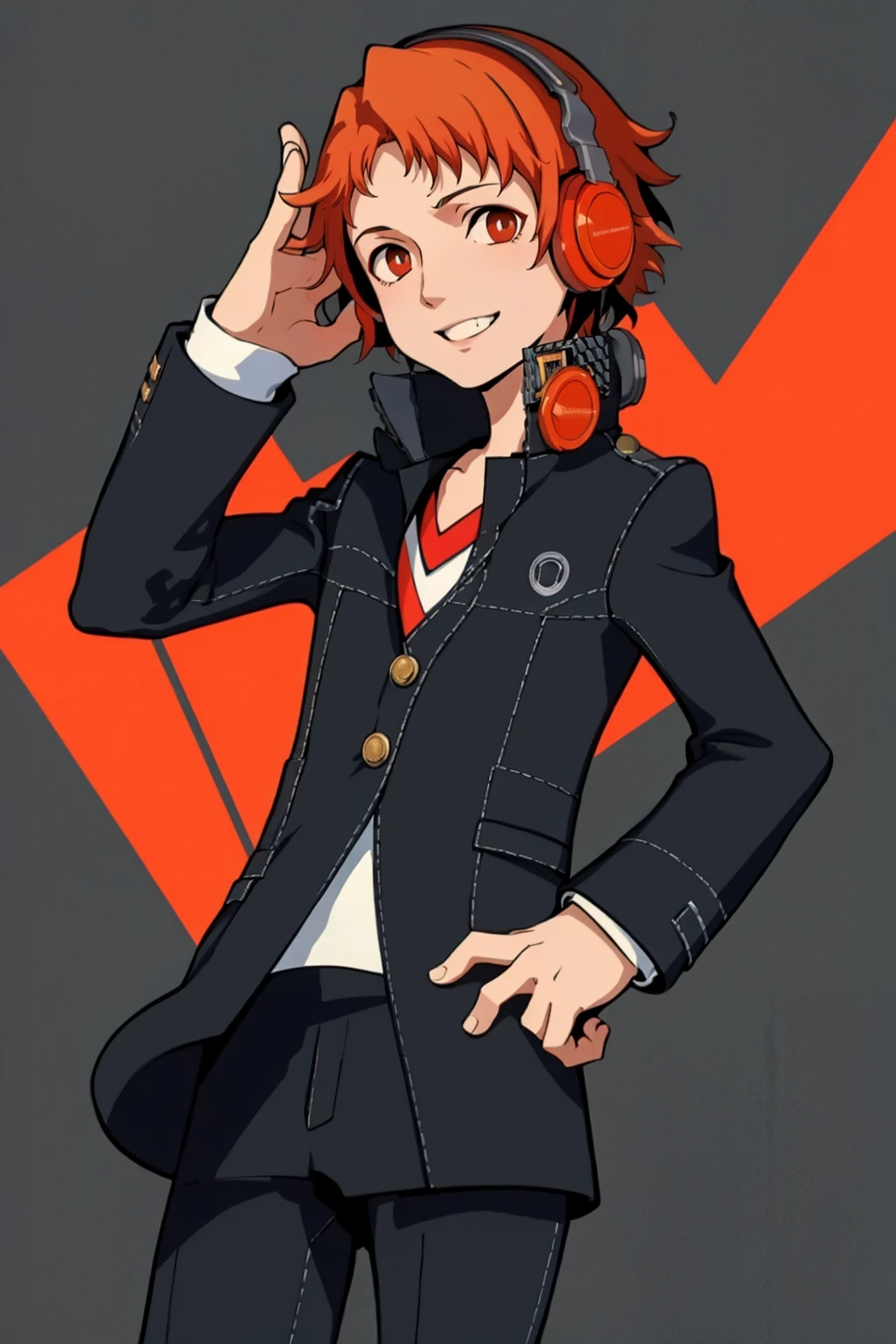 masterpiece, best quality, solo, 1boy, smile, looking at viewer, <lora:Yosuke_Fp_1:1>, yosukep4, school uniform, headphones, pants, <lora:P5-tactica_Fp:1>, simple background,