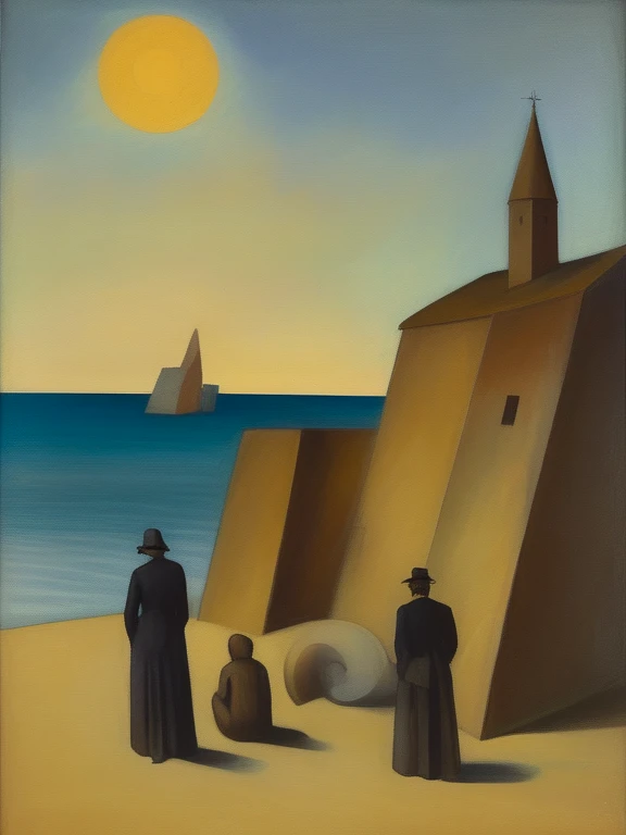 A surreal seaside scene with figures blending Cubism and Symbolism Paul Cézanne, Odilon Redon, Giorgio de Chirico Brooding, enigmatic, metaphysical Multiple perspectives, muted palette, sculptural forms