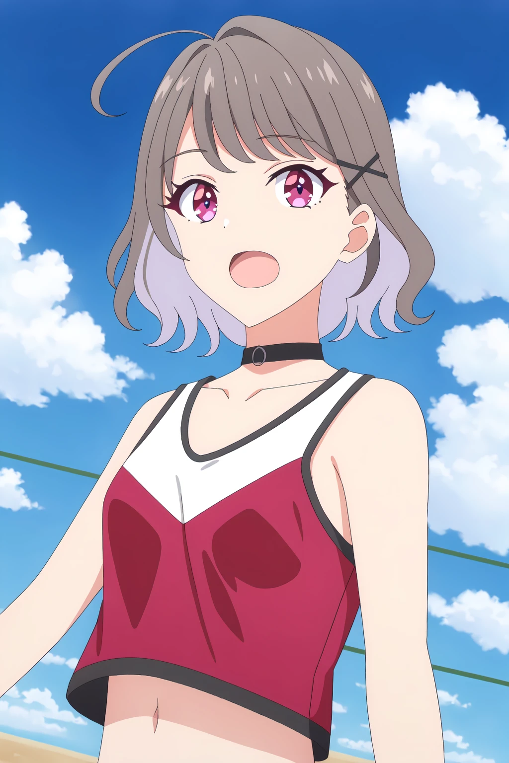 ((best quality)),((highly detailed)),masterpiece,absurdres,detailed face,beautiful face,(detailed eyes, deep eyes),(1girl),((dynamic pose)),<lora:AkariV1:0.7>, Akari, navel, choker, outdoors, open mouth, black choker, ahoge, collarbone, looking at viewer, day, short hair, solo focus, sky, bare shoulders, cloud, grey hair, hair ornament, blue sky, midriff, bangs, hairclip, breasts, standing, crop top, purple eyes, 1girl, pink eyes, brown hair, shirt, small breasts, 3girls, medium hair, red eyes, multicolored hair, x hair ornament