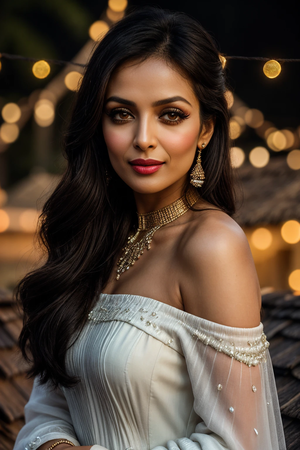 photo of (EPM4l41k44r0r4:0.99), closeup portrait, perfect hair, (modern photo, Off-shoulder blouse), 24mm, (analog, cinematic, film grain:1.3), ((manufacturing plants, pumice stone,thatch roofing roof, sunlight,bioluminescent fungi, rope lights, gradient:1.1)), ((detailed eyes)), ((eyeliner, long lashes)),(epicPhoto), long eyelashes, (perfect waist), (painted lips)