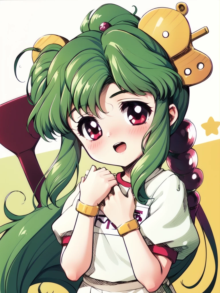 <lora:plum:0.9>, plum, 1girl, solo, long hair, green hair, red eyes, hair ornament,hair bobbles, jewel,
buruma, blush, gym uniform, smile, open mouth, name tag, child,
masterpiece, high quality, very_high_resolution, large_filesize, full color,