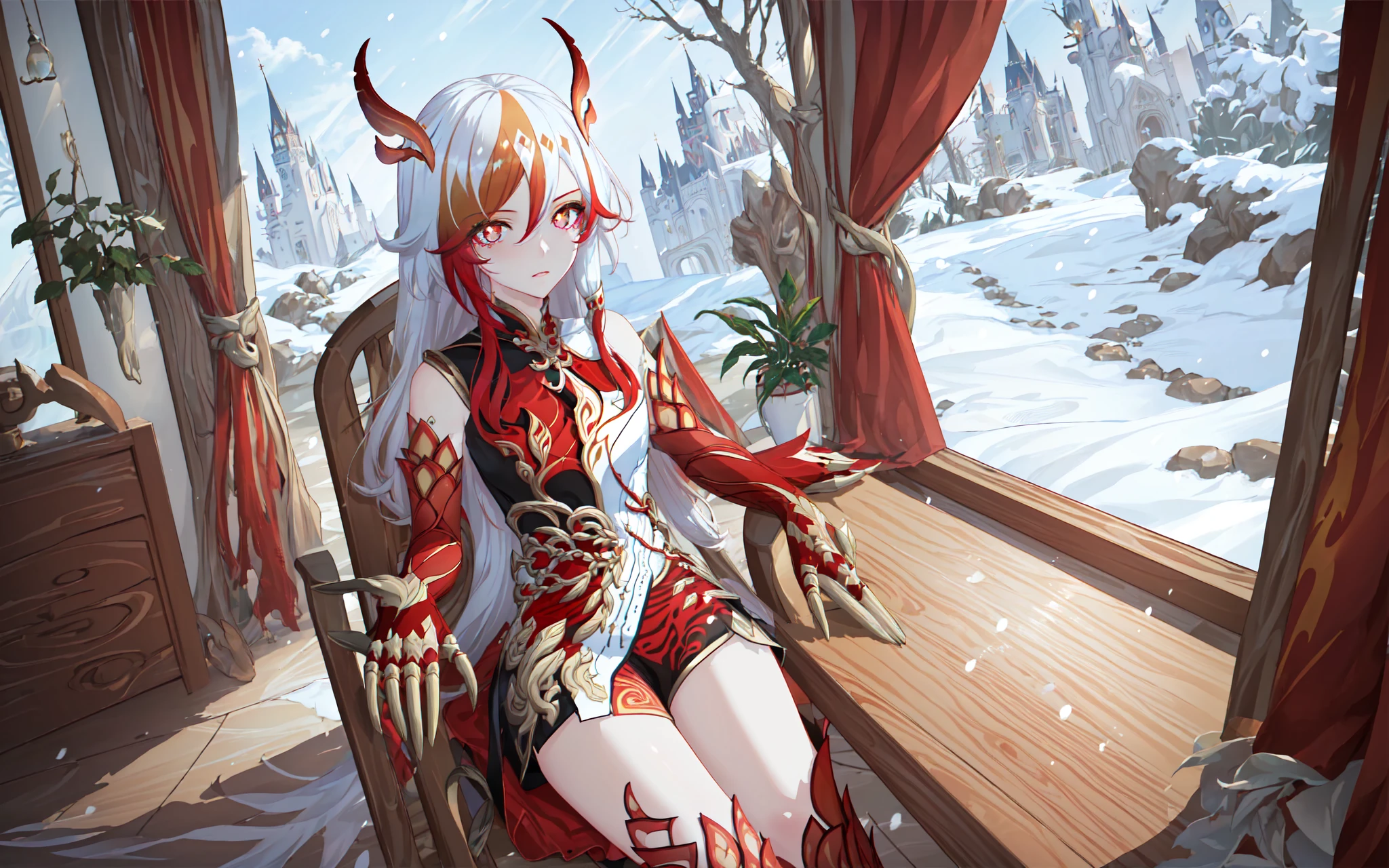 (masterpiece, top quality, best quality, official art, beautiful and aesthetic:1.2),extreme detailed,(fractal art:1.3), 1girl, solo,  <lora:FH_FoV_v1.0:0.9>, Fu Hua(FoV), china dress, red horns, asymmetrical gloves, asymmetrical thigh boots, multicolored hair,  indoors, chair, coffee, desk, chair, window, snowing, tree, castle,