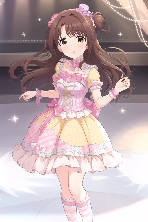 <lora:LegendGirls:0.85>LegendGirls, dress,(mini hat:0.9),yellow dress,purple dress,
<lora:theIdolmSTERCinderellaGirls_v12:0.5>Shimamura Uzuki,brown hair, long hair, brown eyes, one side up, bow, , hair bow, half updo,medium breasts,
masterpiece, best quality,1girl,