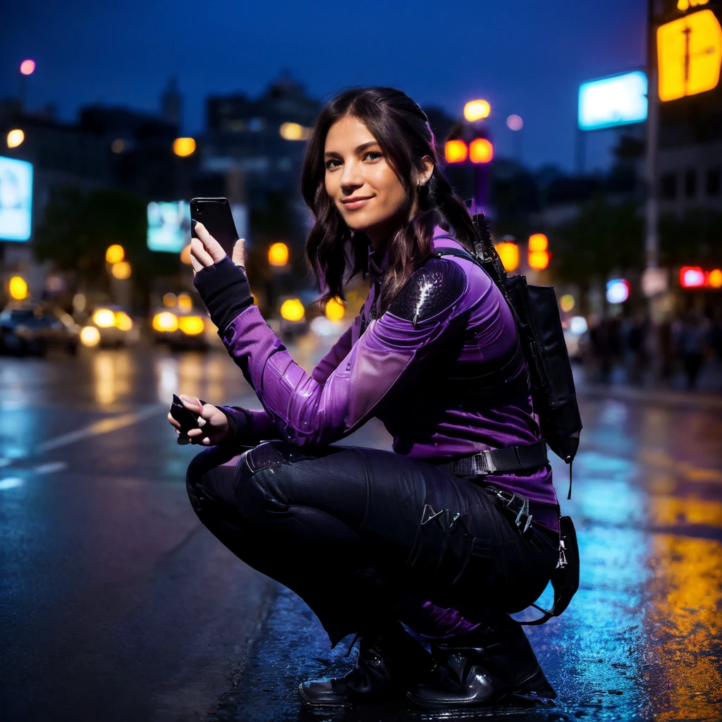 (1girl ((squatting on a taxi:1.2)) looking at smartphone , at the beach (upper body) side view, beautiful eyes, beautiful girl, high detail skin, high detail eyes, high detail hair, highres, ultra detailed, detailed pores, imperfect skin, detailed reflective shiny skin, diffused skin pores,sharpen picture, Highly detailed, masterpiece, best quality, smiling,  <lora:KateBishopFNLoRA:1> katebishop, with, brown, long, hair, ponytail, and, purple, outfit, arrows, bow