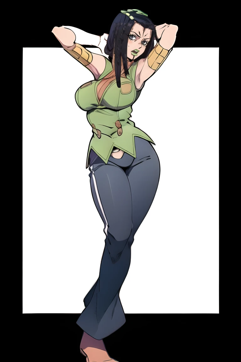 hermes,  solo, 1girl,  female,  black hair,  dreadlocks,  large breasts,  armband,  pants,  vest,  clothed,  full body,<lora:EMS-92852-EMS:0.600000>,<lora:EMS-247860-EMS:0.800000>