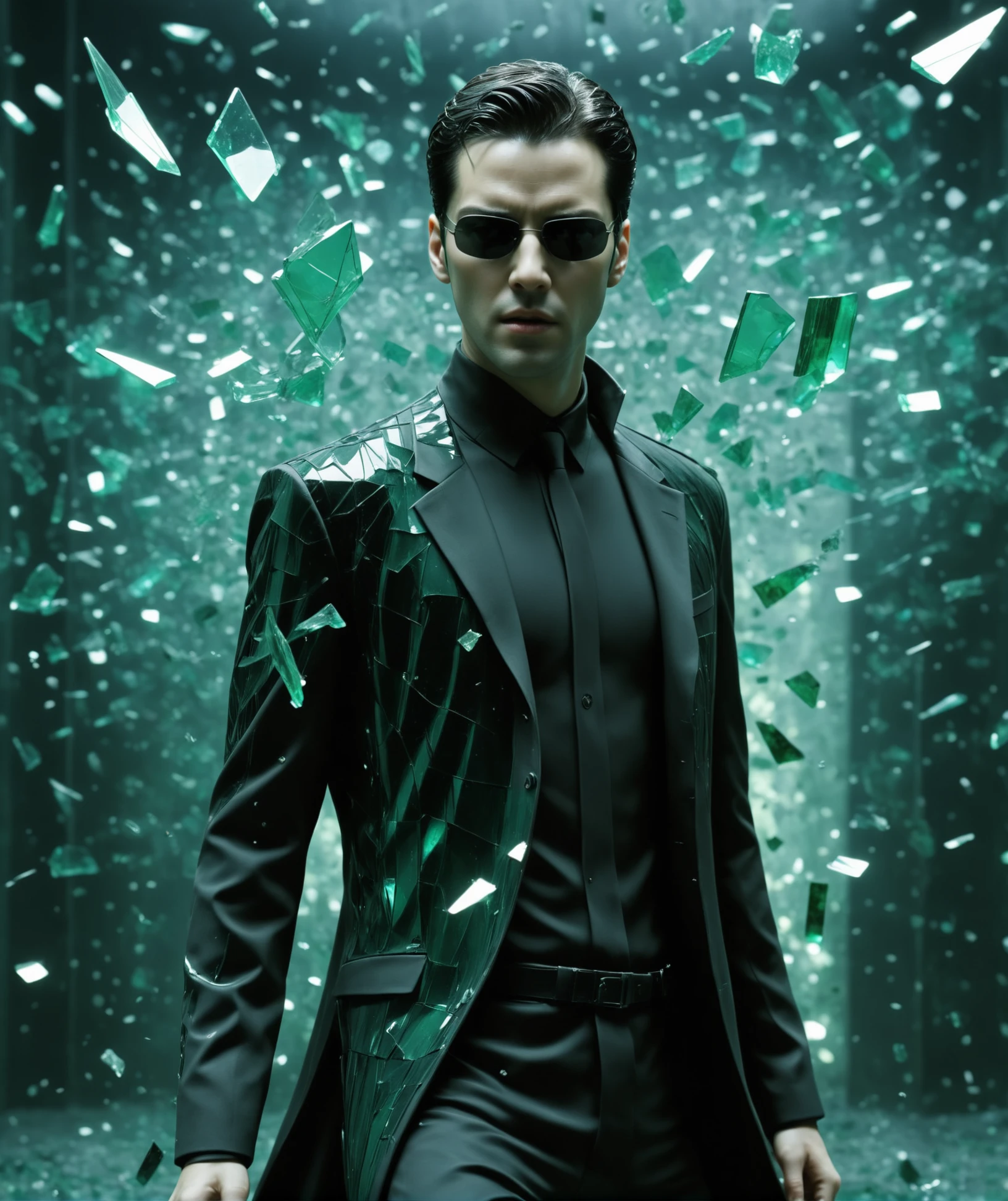 Neo from the Matrix dodges a flying bullet, shades of green, insane detailed, Made_of_pieces_broken_glass, <lora:Made_of_pieces_broken_glass_v2-000005:0.5>