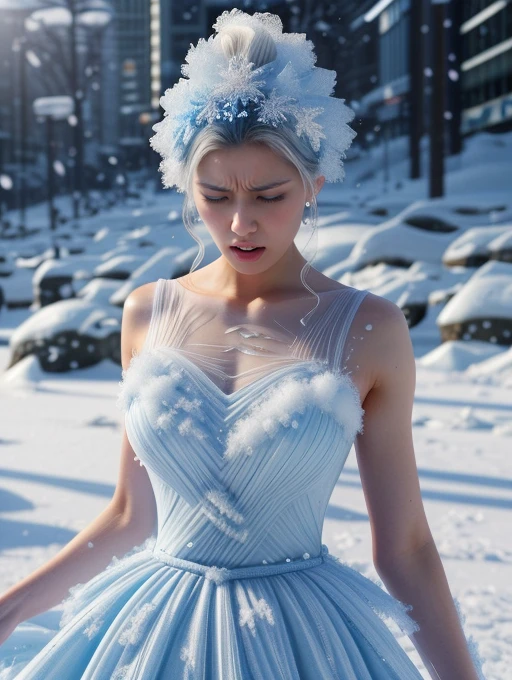 best quality, masterpiece, highres, detailed, realistic, <lora:Tools - add_detail:0.2>, IceElementCh, ice, blue theme, ice body:2,  <lyco:Change - IceElementCh:0.8>, an angry woman in a beautiful dress, upper body, japanese, shibuya, snow,