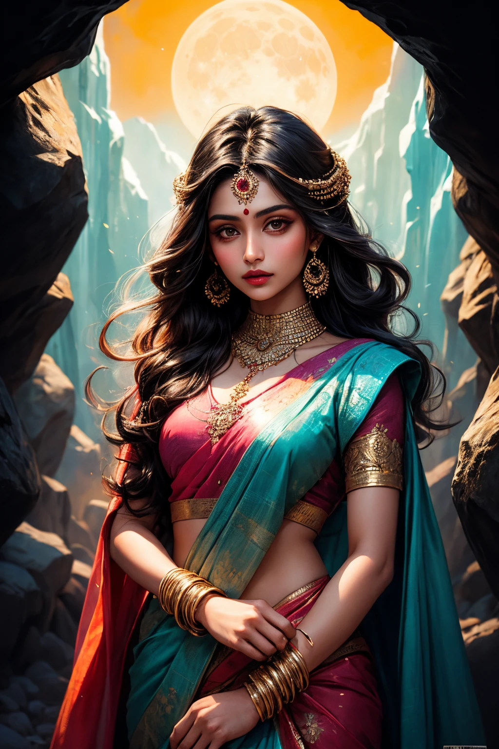 abstract expressionist painting of 1 beautiful indian woman, solo, bright detailed eyes, colorful hair, vibrant colors, illuminated, lunar radiance <lora:add_detail:0.8> standing in front of a cave, energetic brushwork, bold colors, abstract forms, expressive, emotional