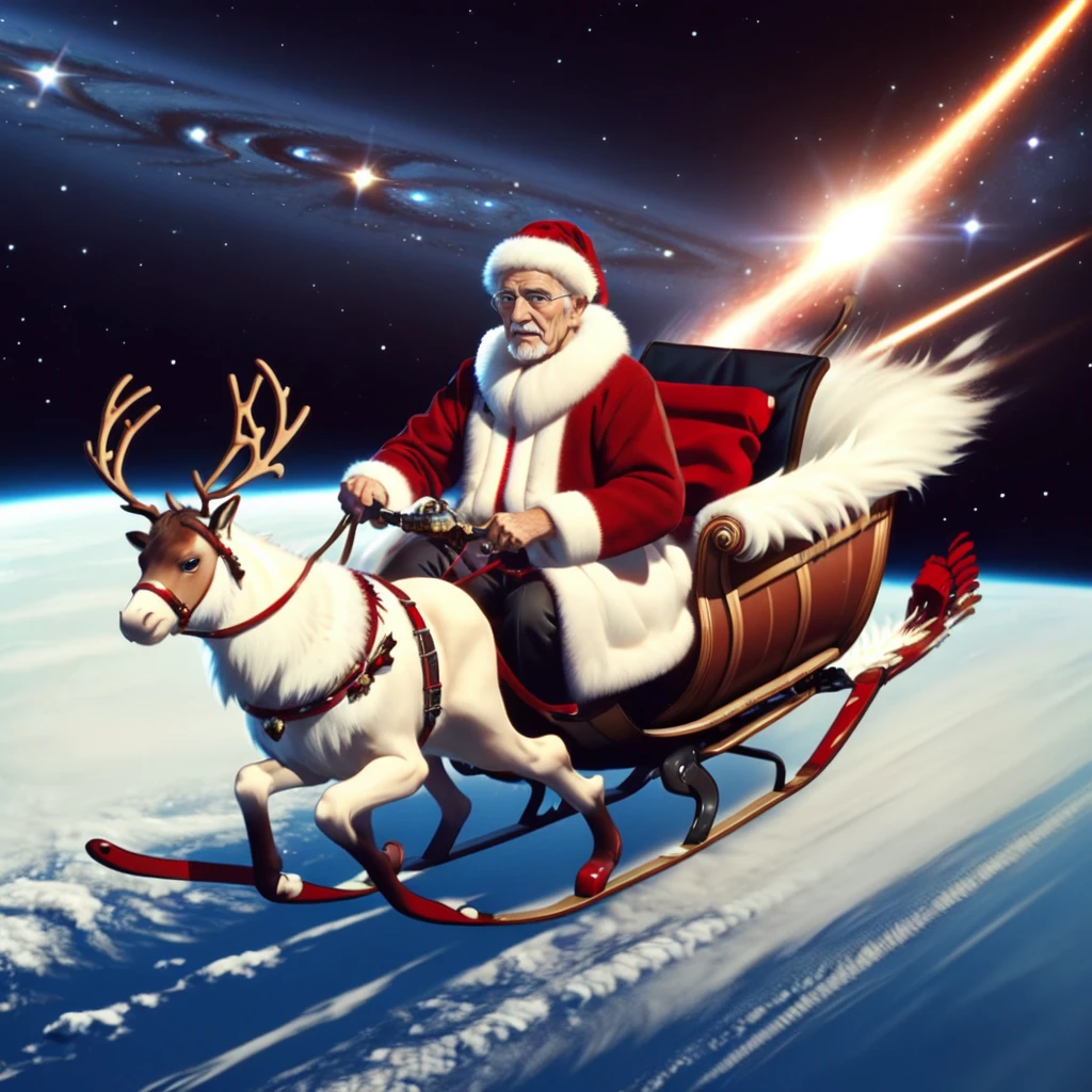 <lora:Atmosentrydeer_v1:0.5>, galaxy, space, fur-trimmed boots, fur-trimmed headwear, reindeer, old man, realistic, Atmospheric re-entry , sleigh