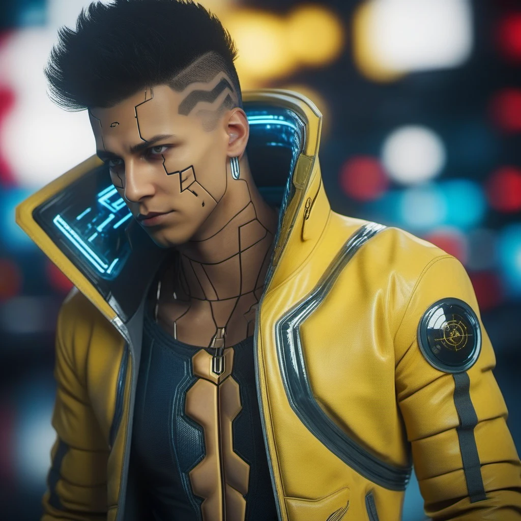 DavidMartinez1024, a cyborg man, yellow jacket, cyberpunk background, highly detailed, photography, ultra sharp, film, bokeh, professional, 64k <lora:DavidMartinez1024:0.8>