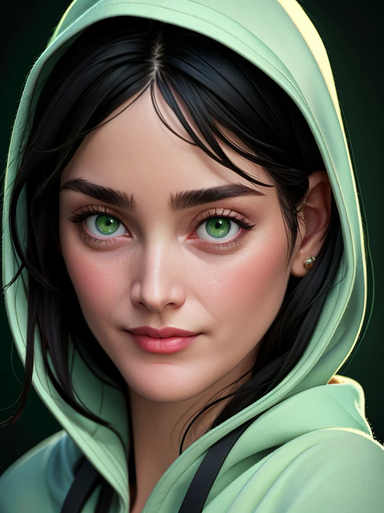 Realistic photo of a beautiful c4rr134 woman,1girl,solo,looking at viewer,black hair,closed mouth,green eyes,artist name,signature,hood,lips,realistic,nose,soft lighting, professional Photography, Photorealistic, detailed, RAW, analog, sharp focus, 8k, HD, high quality, masterpiece<lora:c4rr134:1.0>