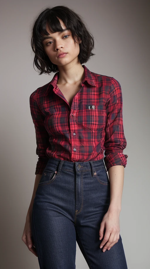 mix558, (Masterpiece Photo:) of (Happy) woman wearing checkered red and black shirt and blue jeans staring at the viewer ,(checkered red and black shirt), (blue jeans),Highly Detailed,(close portrait:1.3),(Feminine:1.4),(beautiful:1.4),(attractive:1.3),calendar pose,perfectly detailed eyes,studio lighting,thematic background, (high detailed skin:1.2), 8k uhd, dslr, soft lighting, high quality, film grain, Fujifilm XT3, hi detail, sharp focus, perfect lighting, awesome, dslr, 4k high quality. extra detail, extra sharp, magical, perfect moment, natural skin, pores