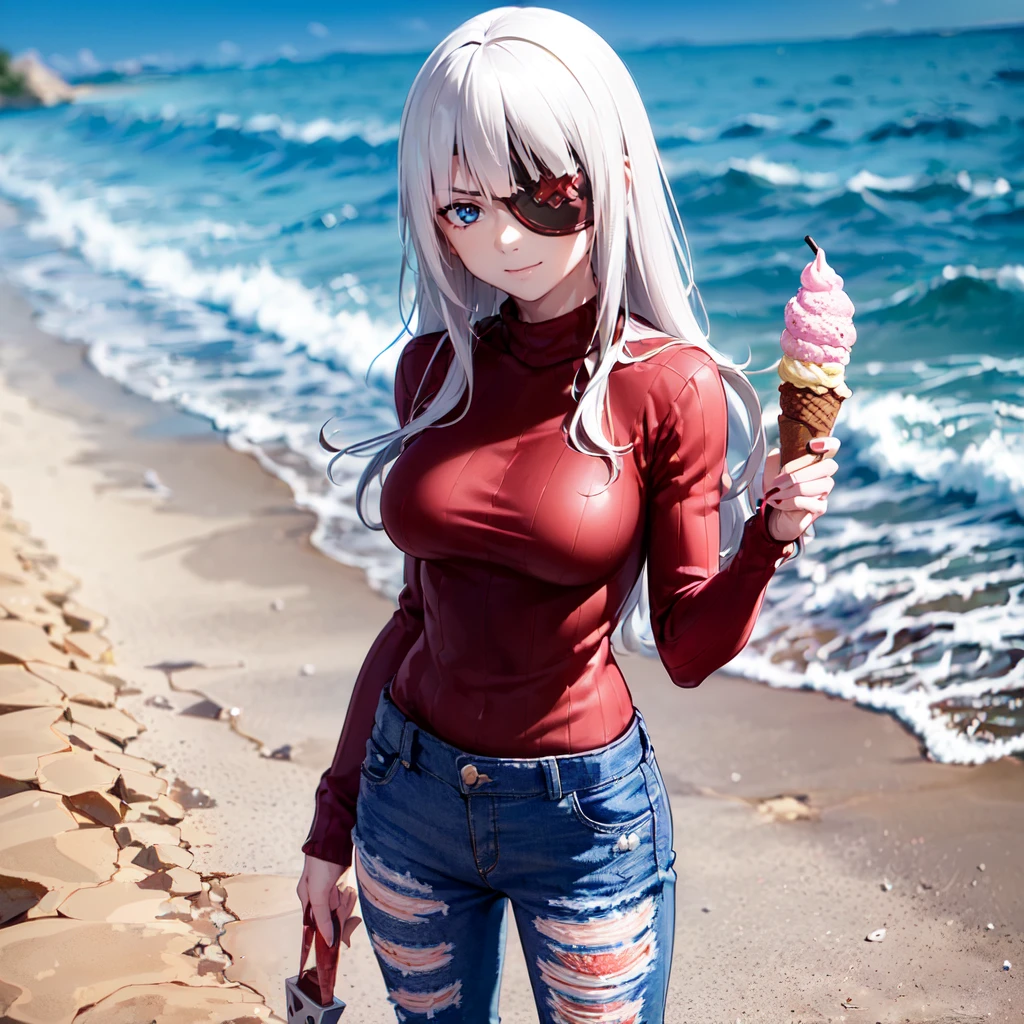 (1girl ((red and black sweater and short jeans:1.2)) ((standing at an icecream vendor, liking an icecream:1.2)), at the beach (full body) <lora:KanaLoRA:0.8> kana with long white hair and (black red eyepatch) outfit , tattoo, holding big blades, blue eyes, beautiful eyes, beautiful girl, high detail skin, high detail eyes, high detail hair, highres, ultra detailed, detailed pores, imperfect skin, detailed reflective shiny skin, diffused skin pores,sharpen picture, Highly detailed, masterpiece, best quality, smiling, ((liking))