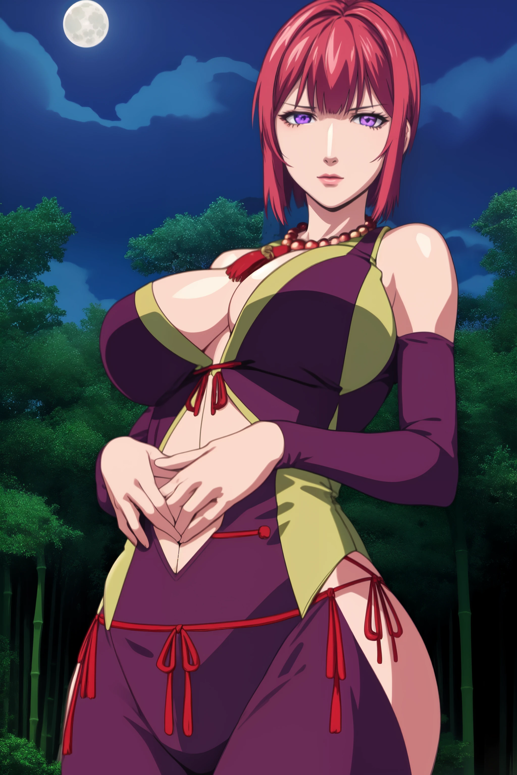 (high quality:1.2), intricate detailed, digital art,
(takashiroshin:1.2), 1girl, mature female, solo, (hands on own stomach:1.1), cowboy shot,
looking at viewer, determined,
purple eyes, short hair, pink hair, necklace,
ninja, (two-tone shirt:1.2), harem pants, hip vent, elbow gloves, bare shoulders, bare hips,
curvy, large breasts, areola slip, cleavage,
bamboo forest, moonlight, night,
<lora:TakashiroShin:0.85>