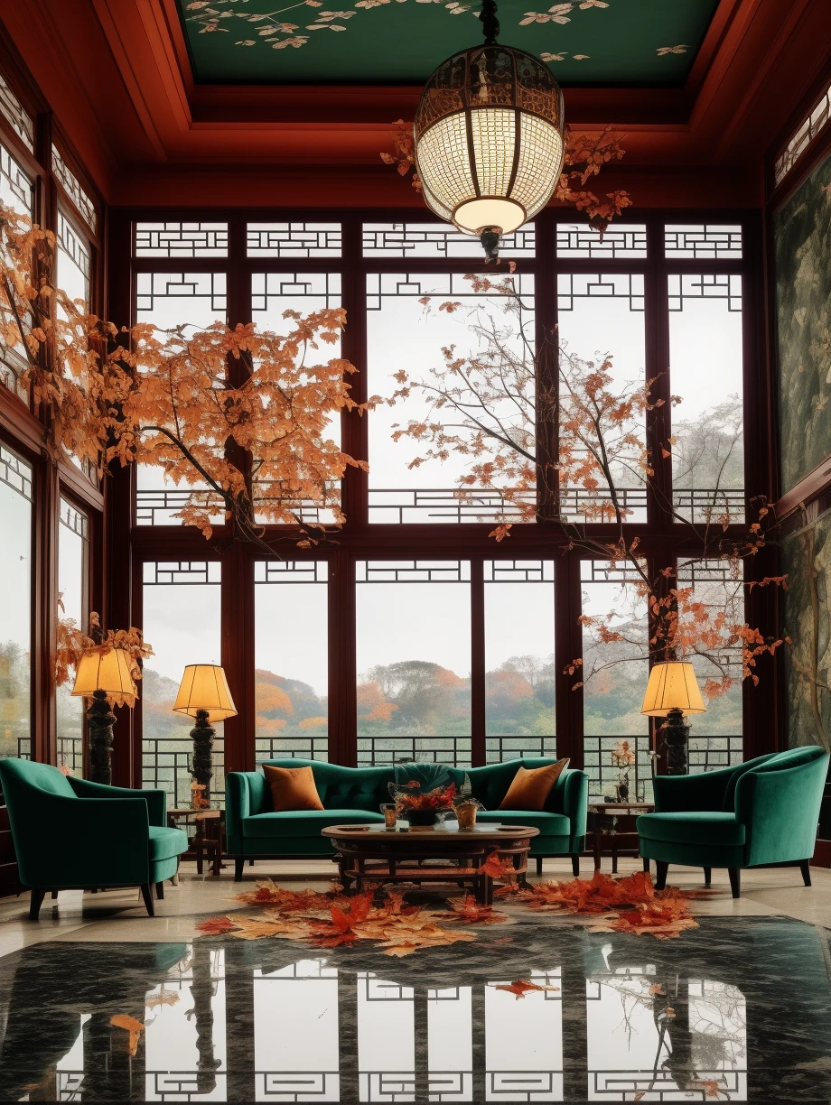 French Chinese style,no humans,scenery,window,reflection,couch,table,tree,indoors,lamp,chair,autumn leaves,reflective floor,leaf,restaurant,plant,<lora:Justin_French_Chineses_V120:0.6>,