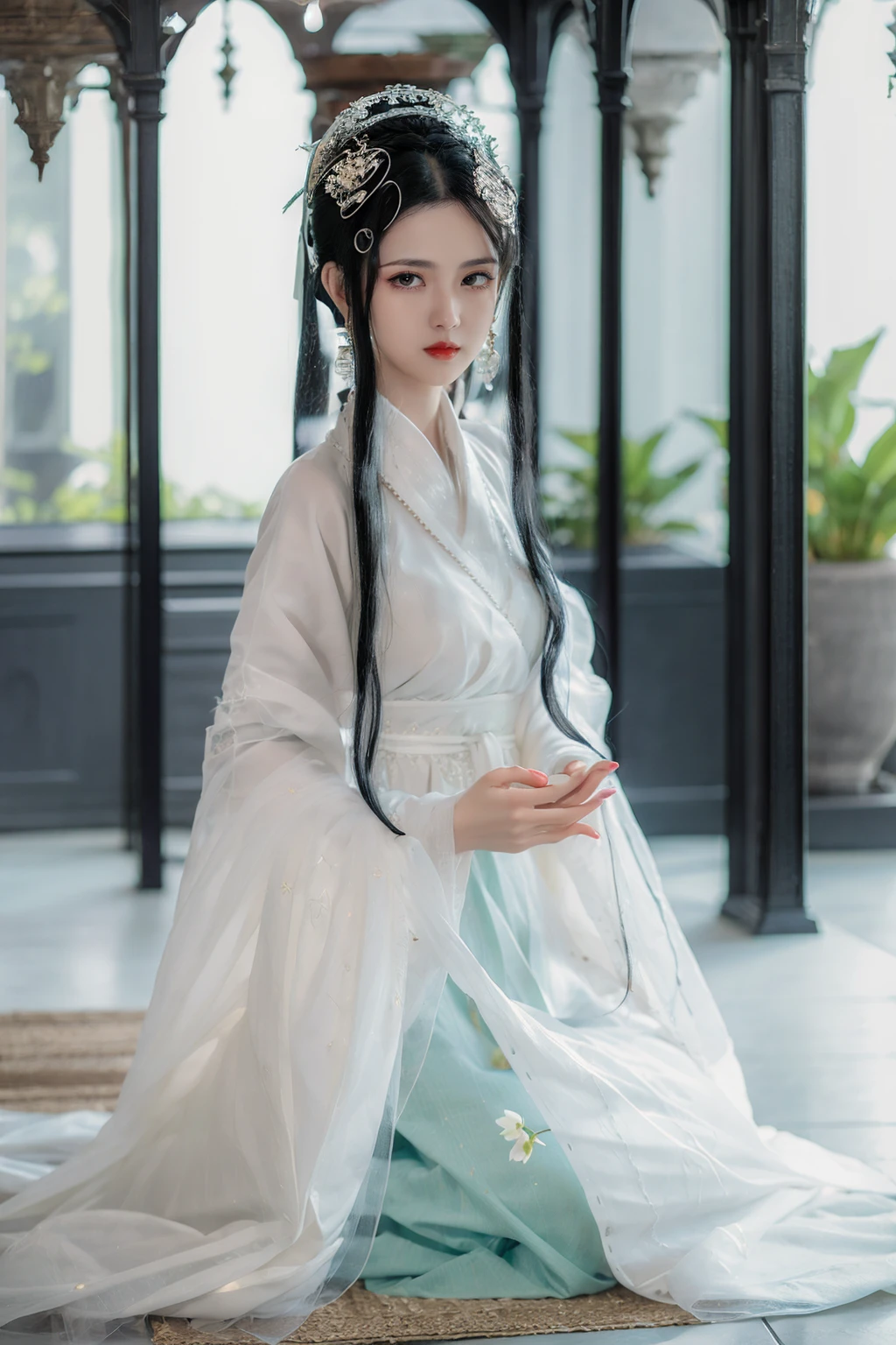 masterpiece, best quality, best quality, Amazing, beautiful detailed , The morning of green courtyard with flourishing flowers and plants in spring, eyes, 1girl, finely detail, Depth of field, extremely detailed CG unity 8k wallpaper, full body, (alice), bainv, black_hair, water, red_lips, solo, long_hair, earrings, see-through <lora:BN:0.8> <lora:R3:0.3>