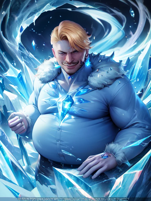 best quality, masterpiece, highres, detailed, digital artwork, <lora:Tools - add_detail:0.2>, IceElementCh, ice, blue theme, ice body:2,  <lyco:Change - IceElementCh:0.8>, FFCorneo, blonde hair, cigar, fat, head tattoo, evil smile,  <lora:Character - FFCorneo:0.6>