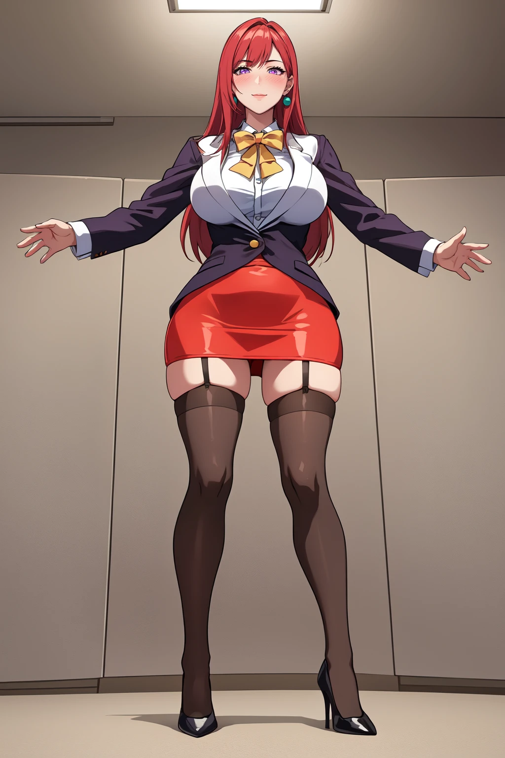 (high quality:1.2), intricate detailed, digital art,
TakashiroHiroko, 1girl, mature female, solo, milf, (full body:1.1), looking at viewer, looking down, standing, spread legs, outstretched arms, (incoming hug:1.3), reaching towards viewer, (from below:1.1),
looking at viewer, blush, horny, naughty face, flirting, seductive smile,
purple eyes, long hair, red hair, earrings, jewelry,
teacher, blouse, bowtie, blazer, (pencil skirt:1.1), thighhighs, high heels, garter straps,
curvy, large breasts,
school,
<lora:TakashiroHirokoV2:0.85>