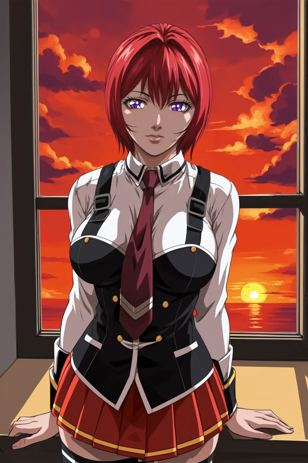(high quality:1.2), intricate detailed, digital art,
(TakashiroGaiden:1.1), 1girl, solo, cowboy shot,
looking at viewer, determined,
purple eyes, short hair, red hair,
school uniform, white shirt, miniskirt, red necktie, black thighhighs, zettai ryouiki,
curvy, large breasts,
school, window, sunset,
<lora:TakashiroGaiden:0.9>