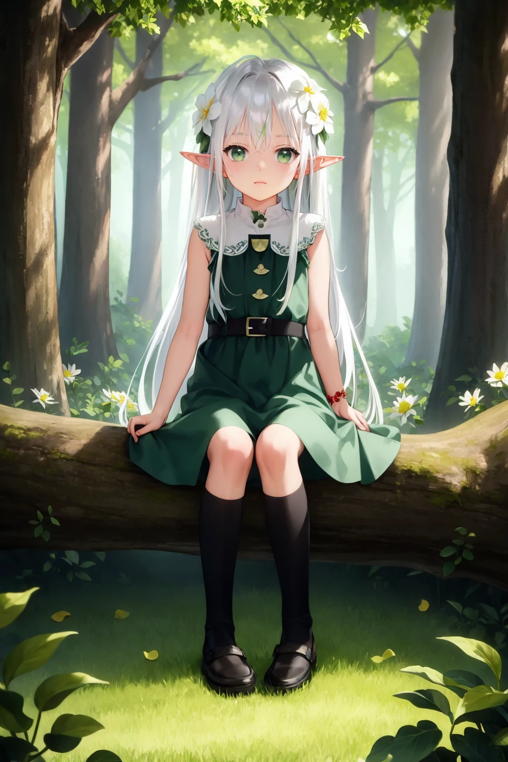 (masterpiece,best quality,illustration,official art:1.05),(tachi-e:1.12),full body,sitting,looking at viewer,solo,1girl,elf girl,long hair,green hair,[green|blue] eyes,dress,white hair flower,hair ornament,(age8),(child),wind,leaf,tree,forest, <lora:mignonV73-000190:1>