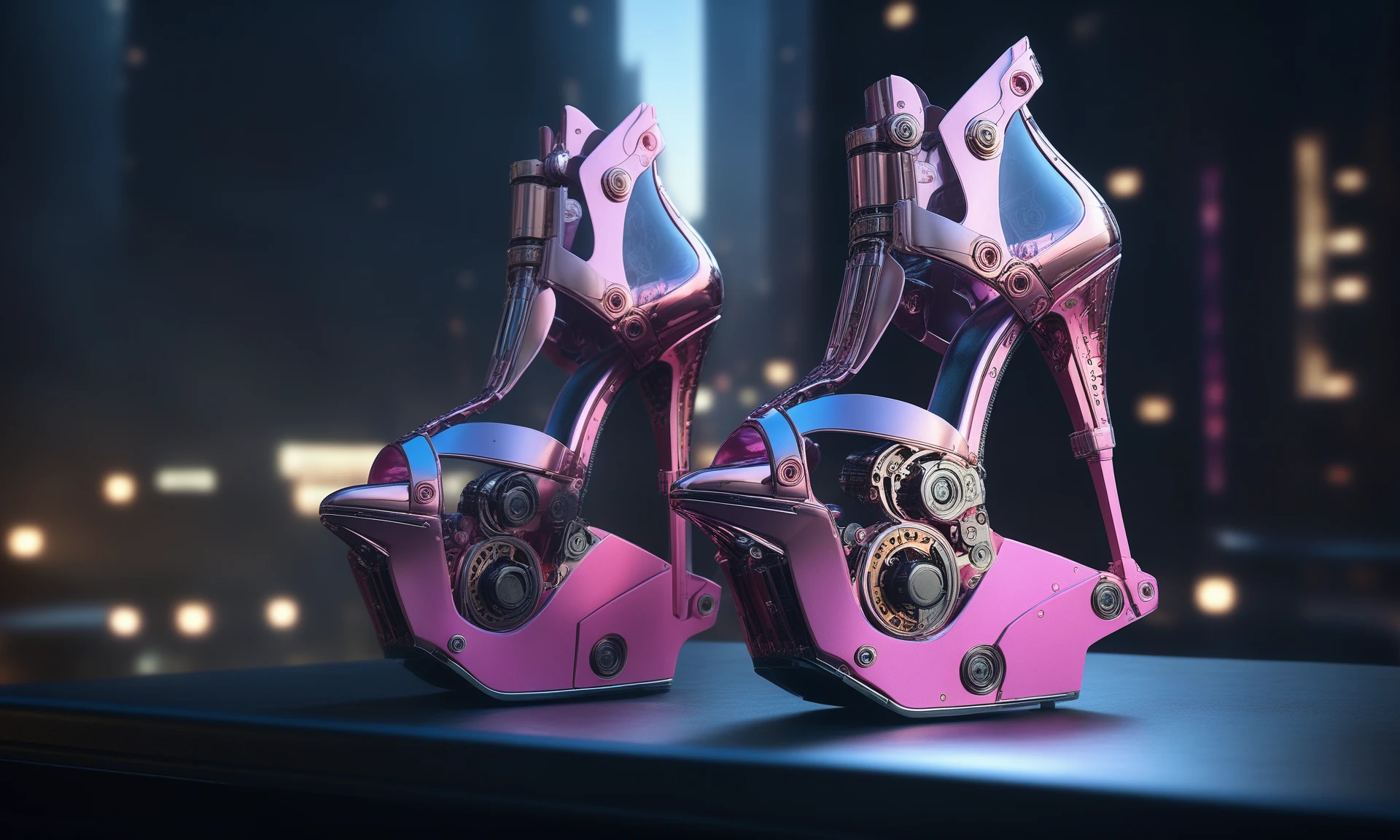 <lora:mechcd_xl-000007:0.8>,a (mechcd_xl,mech,cyberpunk,shiny,glowing,mechanical parts,joints,military) pair of high heels,pink theme,no humans,solo,long-focus,tilt-shift,outdoors,full body,cityscape,at night,dim light,science fiction,dystopian,futuristic,intricate,still life,front view, emotional,harmonious,high budget,moody,epic,gorgeous,perfect lighting,realistic,photorealistic,photographic,photo (medium),real,moody lighting,volumetric lighting,reality ray tracing,8K,HDR,UHD,masterpiece,best quality,highly detailed,high resolution,finely detail,extremely detailed,ultra detailed,wallpaper