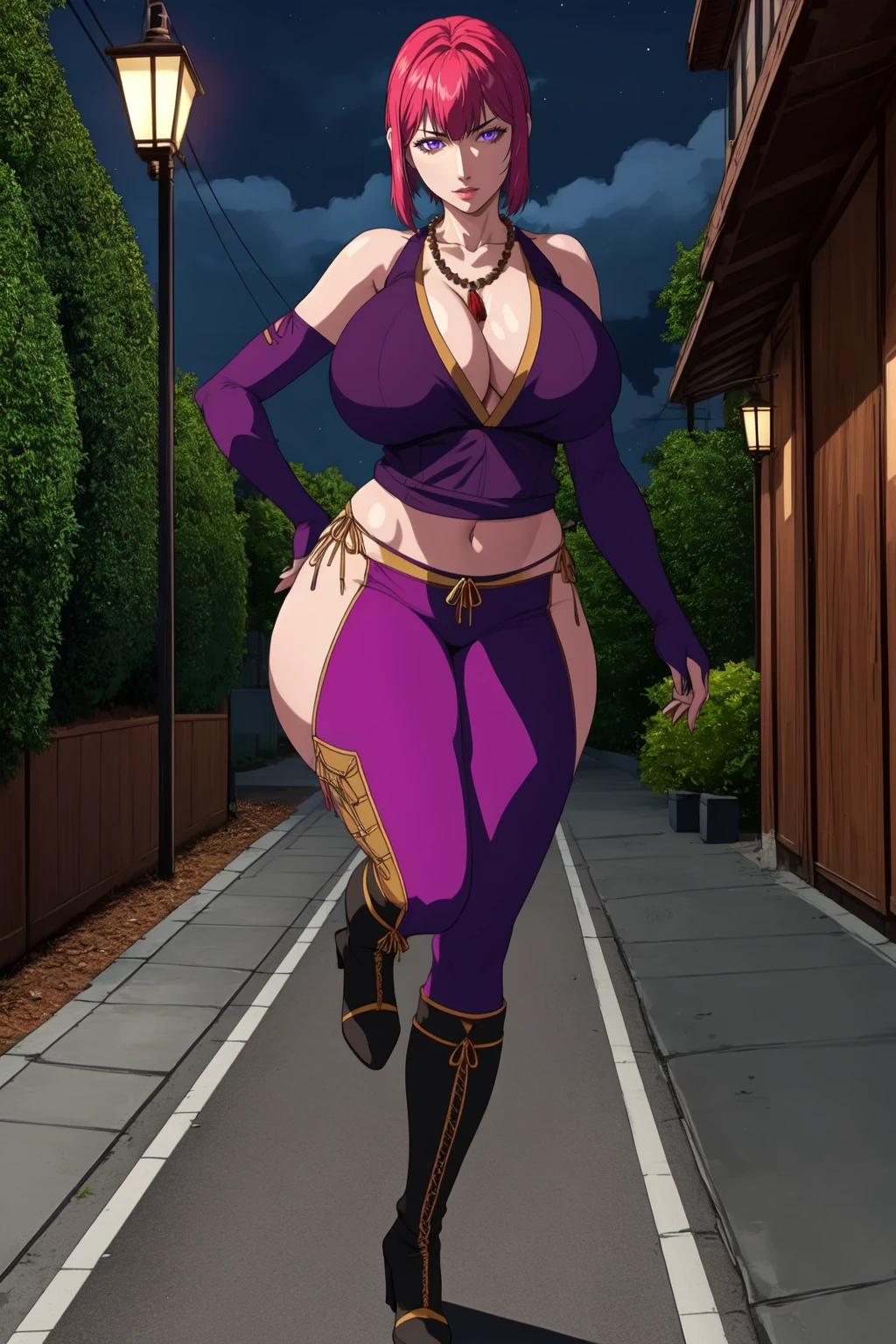 (high quality:1.2), intricate detailed, digital art,
(takashiroshin:1.1), 1girl, mature female, solo, posing, standing on one leg, full body,
looking at viewer, determined, teeth,
purple eyes, short hair, pink hair, necklace,
ninja, two-tone shirt, harem pants, (hip vent:1.1), elbow gloves, bare shoulders, bare hips, high heel boots,
curvy, huge breasts,
night, street,
<lora:TakashiroShin:0.85>