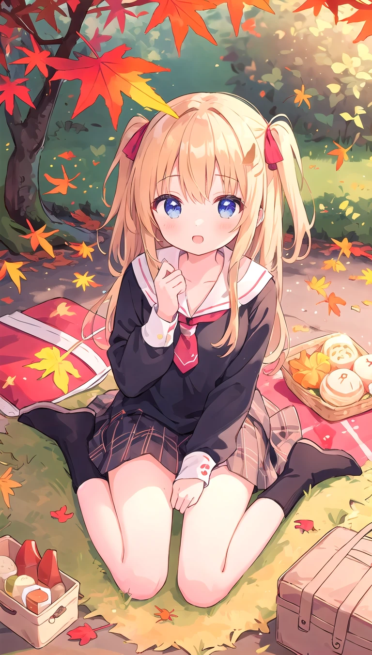 beautiful illustration, best quality, cute girl, picnic, wariza, autumn leaves