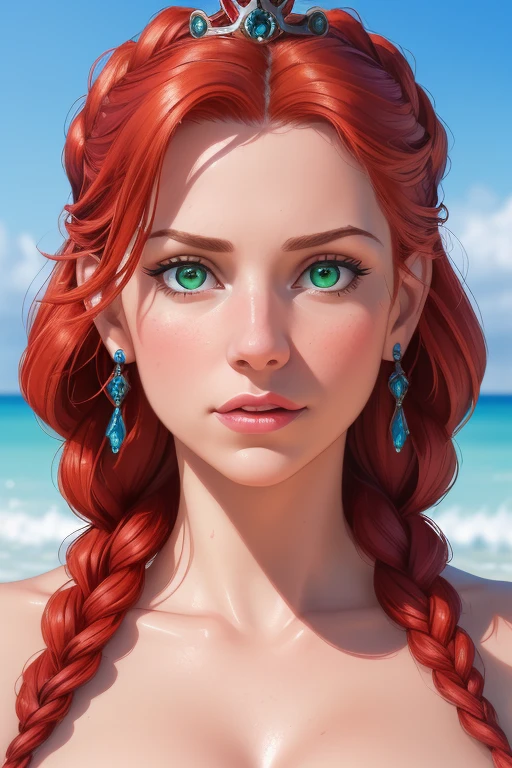 A stunning intricate full color portrait of anna from frozen posing on the beach, full closeup shot, sexy expression, random playful pose, nina masic, huge green eyes, crown braids, red hair, disney face, epic character composition, sharp focus, natural lighting, subsurface scattering, f2, 35mm, film grain,(photorealistic:1. 4),(8k, RAW photo:1. 2), (best quality:1. 4),(ultra highres:1. 2)