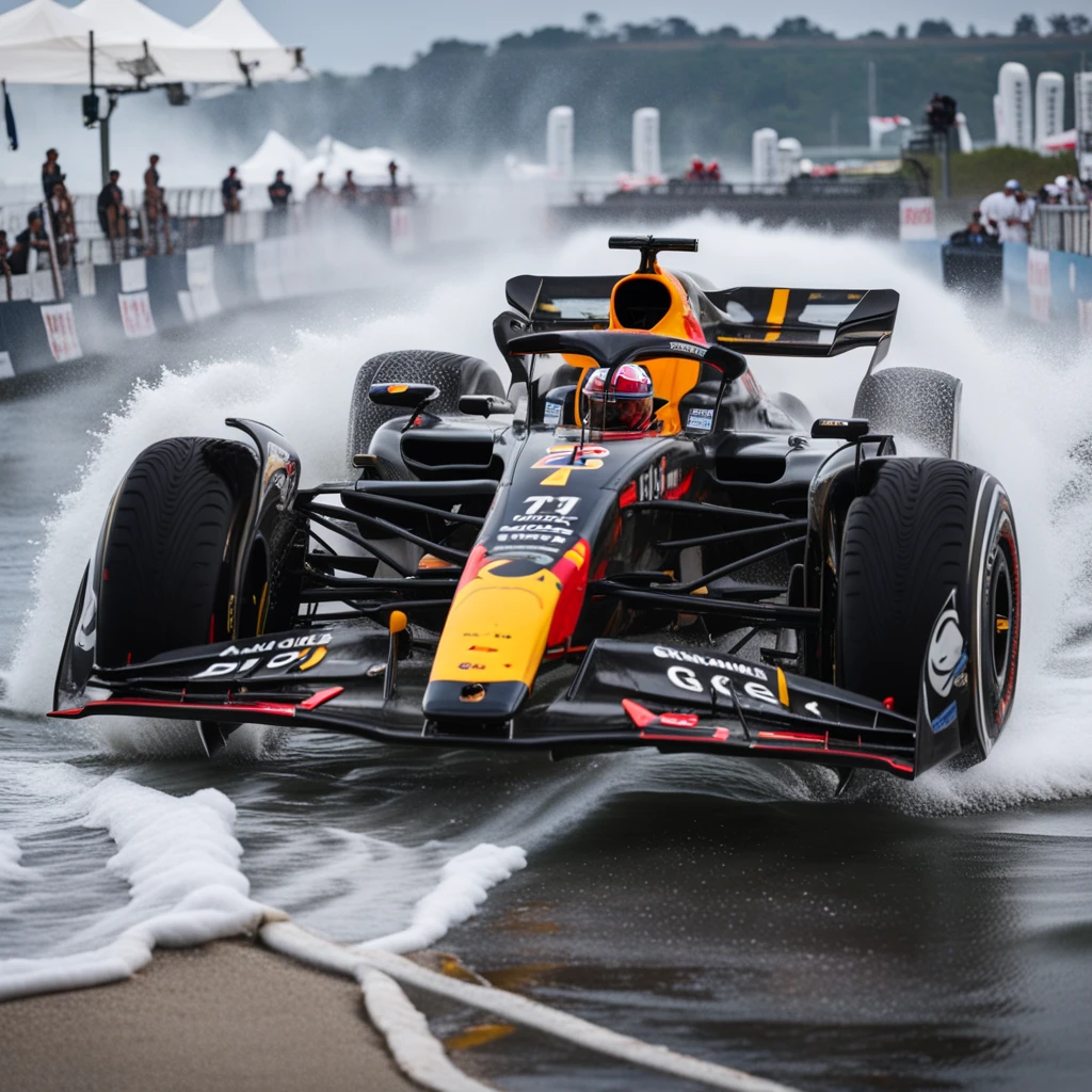 RB19 formula 1 racecar driving on top of water like a surfboard, front, wet weather tires, ocean, waves, beach, late afternoon sunlight, 4K, intricate details, perfect, gorgeous, action photography, english text,  <lora:RB19:1.2>