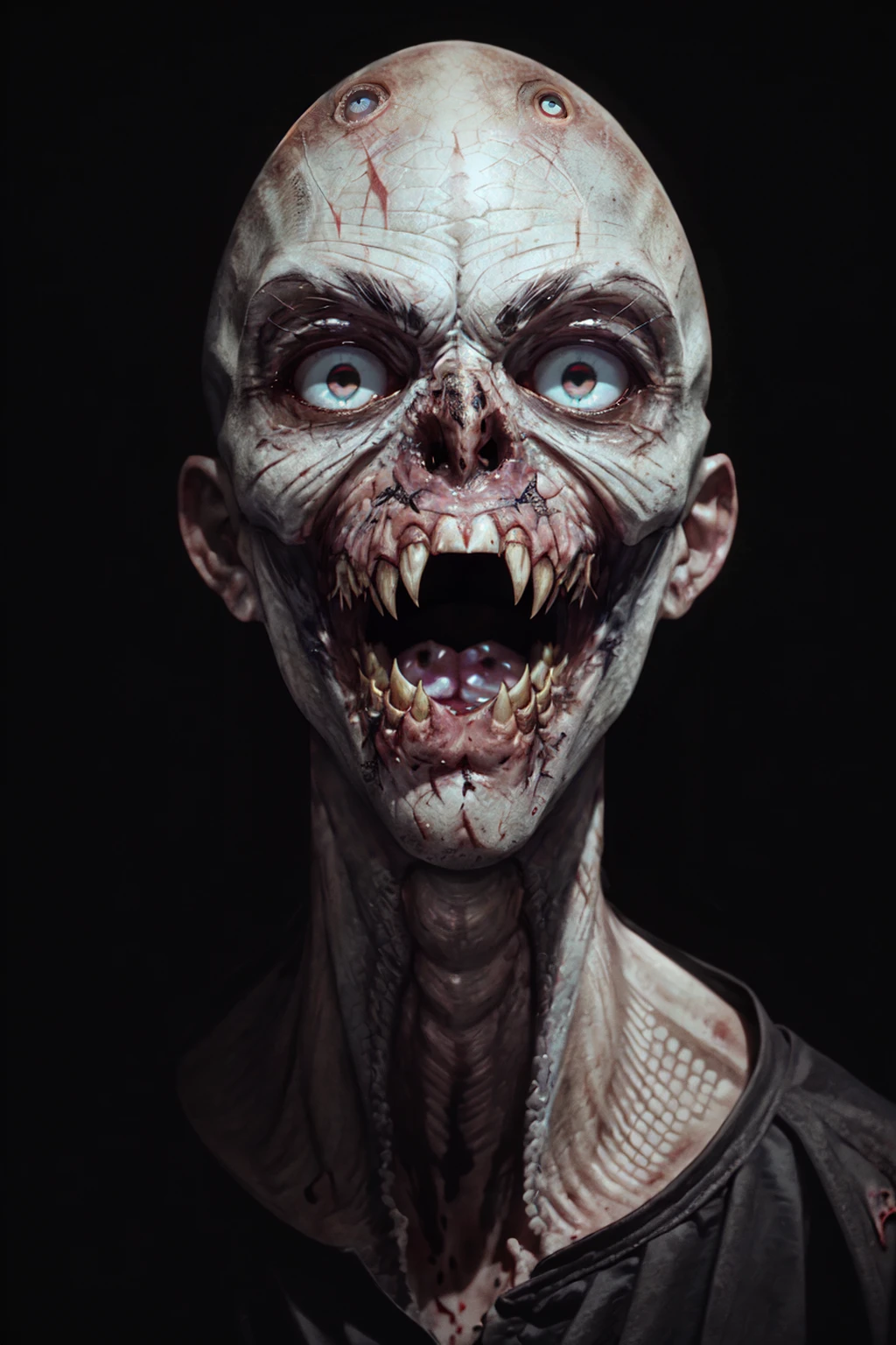<lora:Wendigo-UD:0.8> EarthWendigo-UD, solo, open mouth, 1boy, male focus, sunken eyes, deadly, diseased, emaciated, skinny, bald, teeth, blood, colored skin, fangs, sharp teeth, black background, portrait, monster, alien, white eyes, horror (theme)