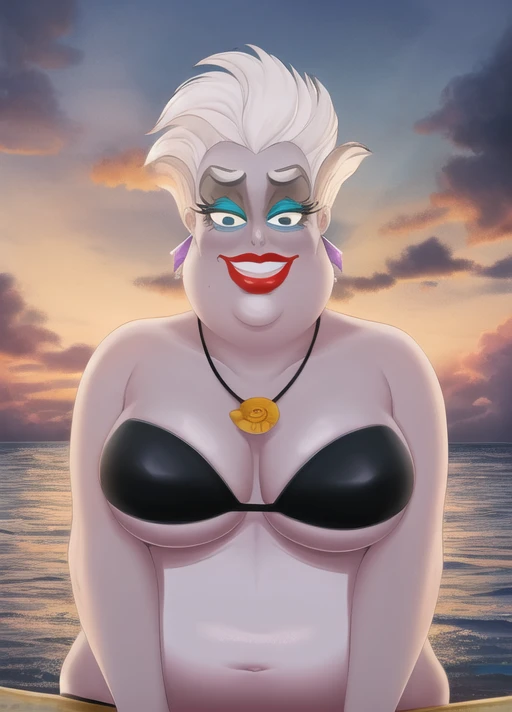 masterpiece, best quality, extremely delicate and beautiful, highres, original, <lora:Ursula:0.8>, ursulalm, white hair, short hair, purple skin, red lips, fat, bbw, black bikini, green eyelids, shell necklace, shell earrings, upper body, looking at viewer, beach, blue eyes