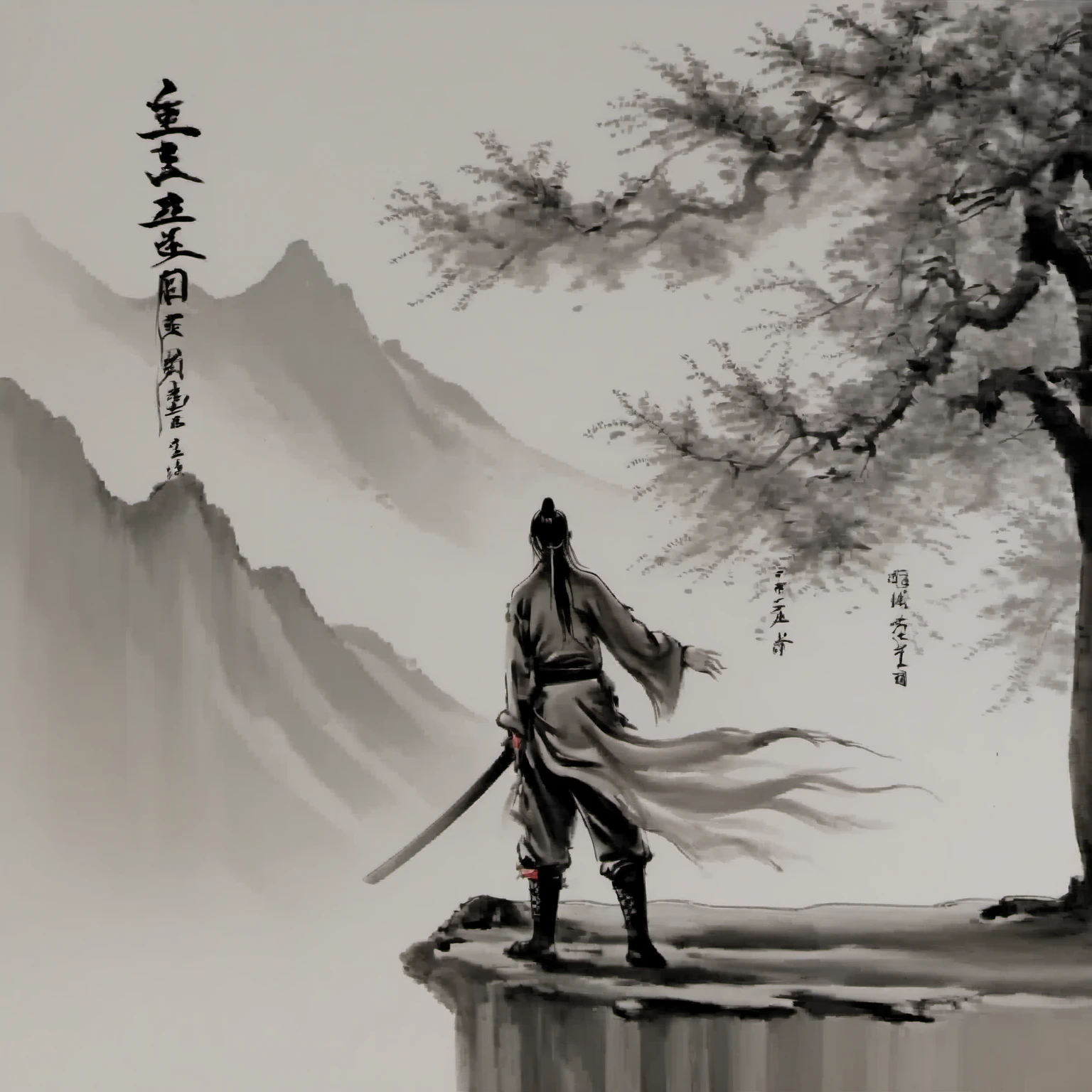 <lora:ink_xiakexing_xl:0.8>,tree,mountains,
ink painting,a drawing of a person with a long hair and a sword in his hand and a chinese writing on the wall,solo,1boy,hat,holding,standing,monochrome,weapon,greyscale,male focus,boots,sword,grey background,from behind,holding weapon,holding sword,letterboxed,topknot,long sleeves,ponytail,japanese clothes,katana,walking,chinese text,facing away,