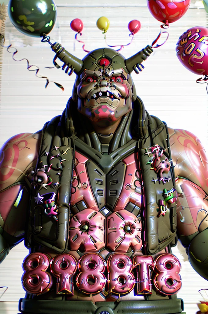 sokaku_twohorns, a birthday party with balloons for a 3 eyed cyborg <lora:TwoHornsSokaku:1>