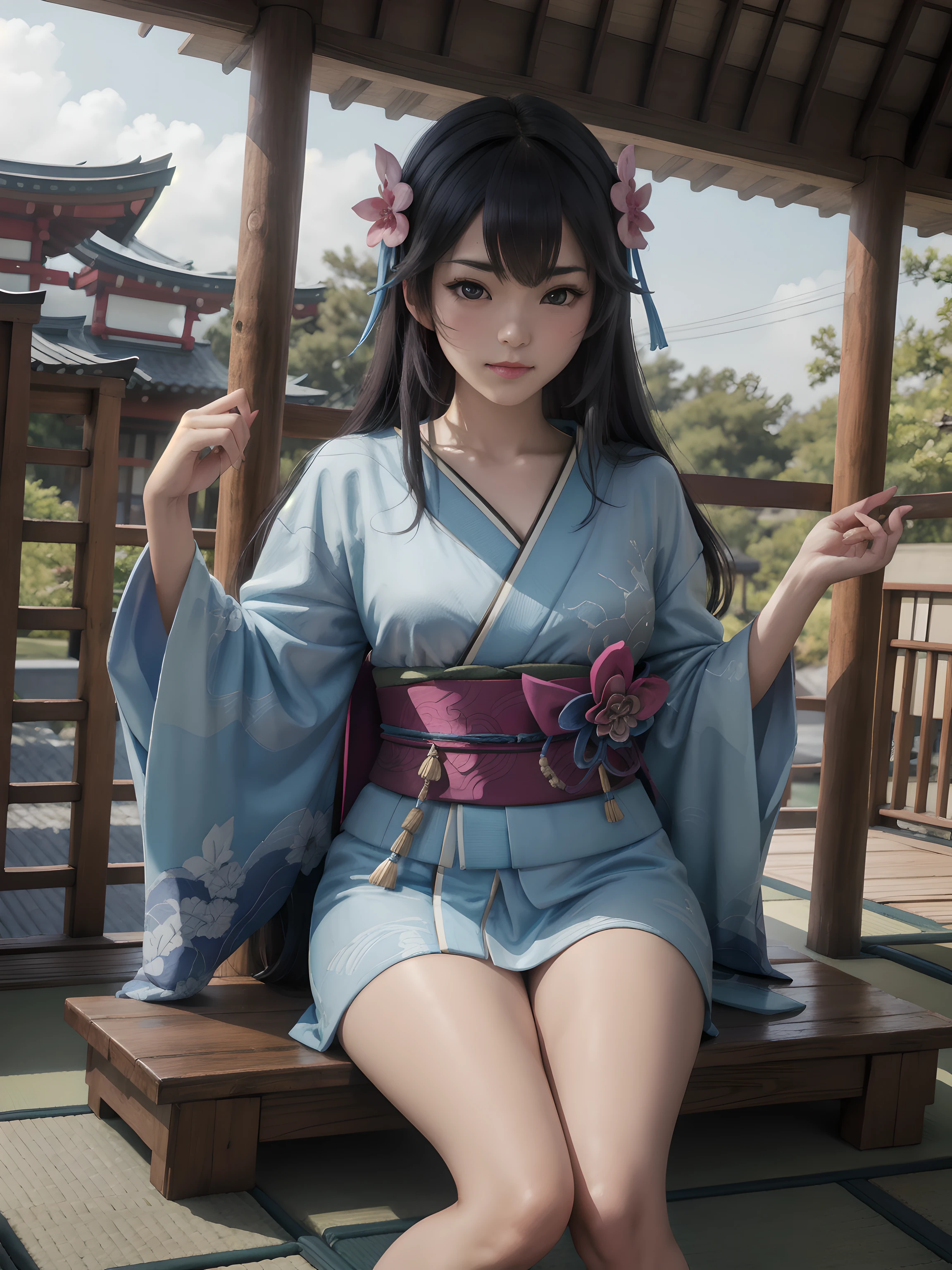 (masterpiece, best quality), 1girl, kimono, cute, shrine, shrine maiden, japanese, wooden sandals