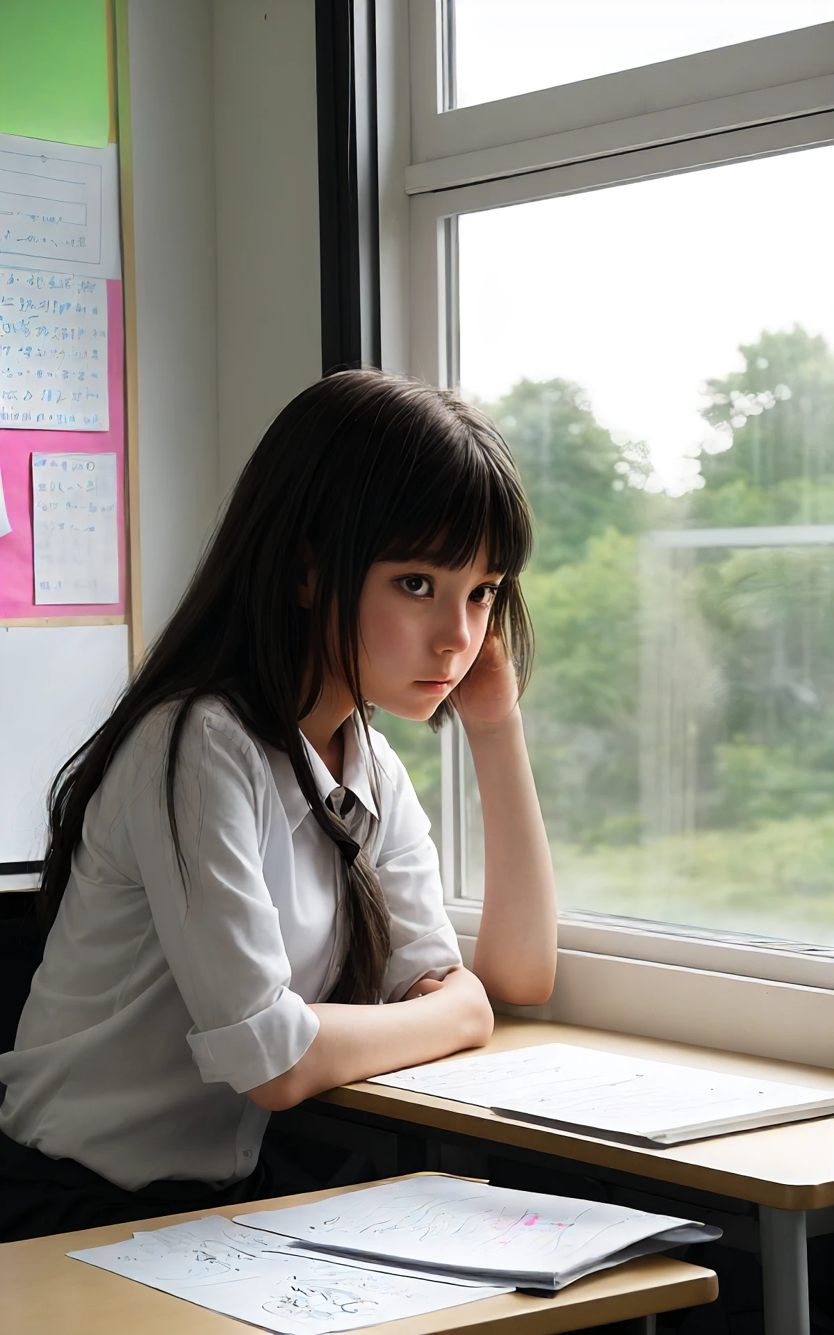 an anime drawing of a young girl sitting at her desk in the classroom looking dreamily out of the window, lost in thought