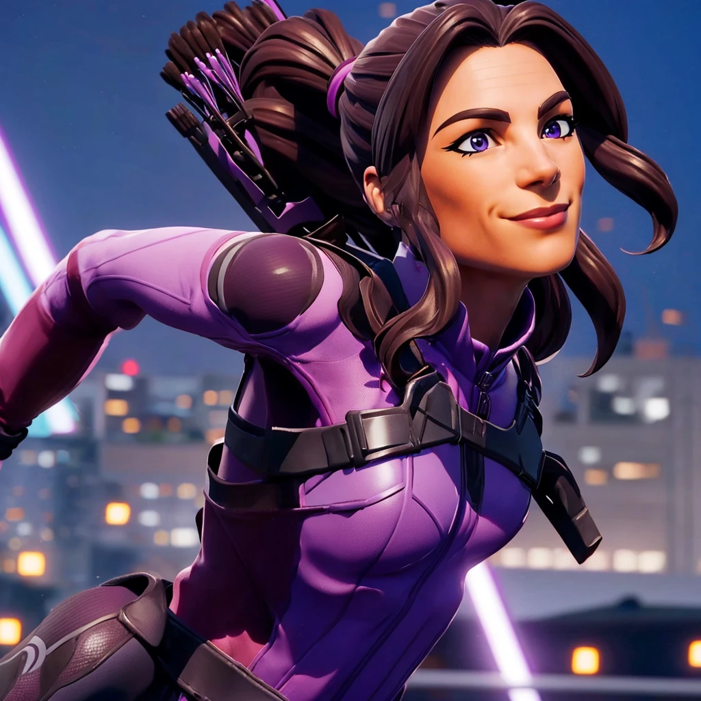 a woman jumping in the air, dynamic pose<lora:KateBishopFNLoRA:1> katebishop, with, brown, long, hair, ponytail, and, purple, outfit, arrows, bow, beautiful eyes, beautiful girl, high detail skin, high detail eyes, high detail hair, highres, ultra detailed, horny smile, Highly detailed,masterpiece, best quality