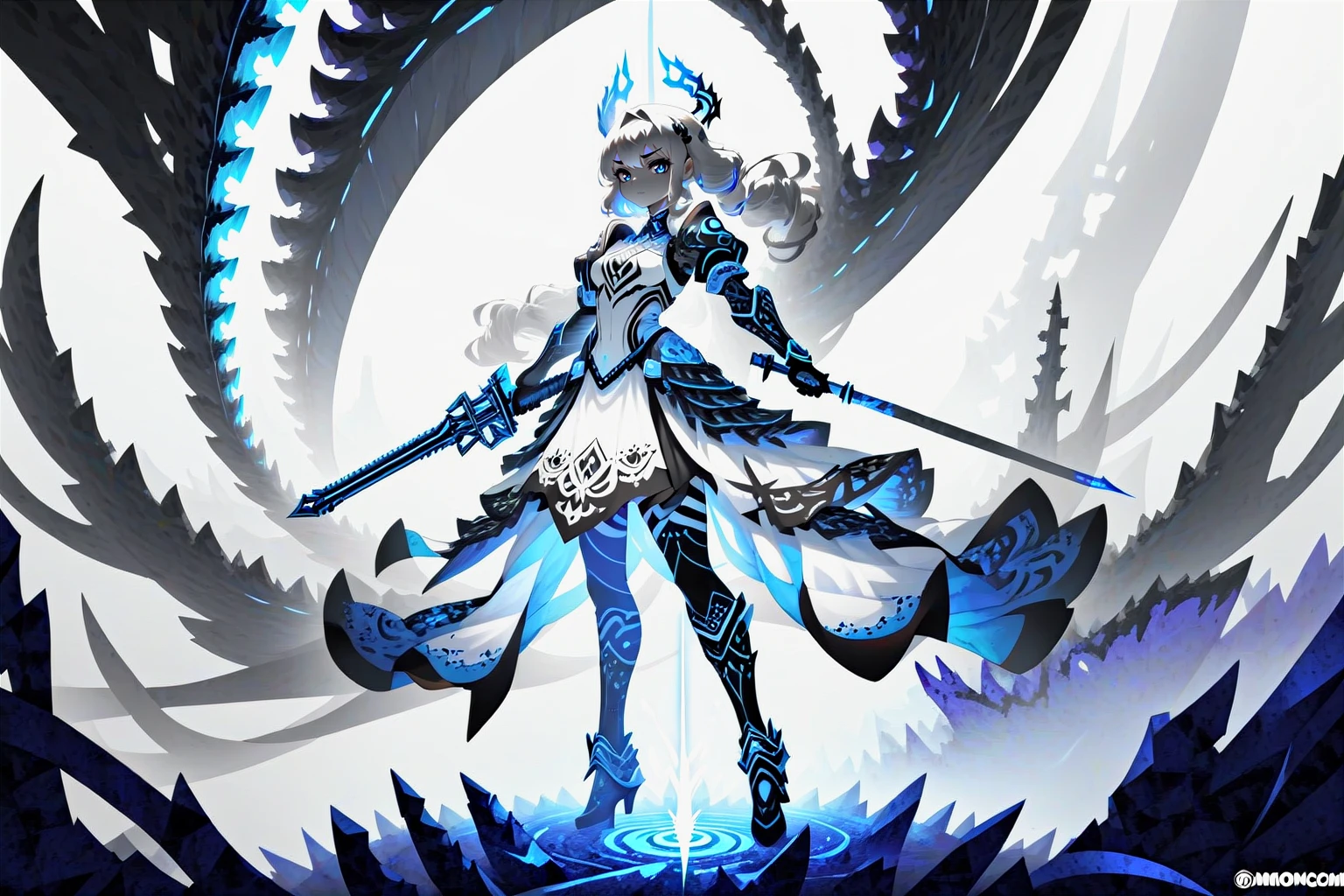 1girl, (monochrome:1.4), blue theme, fullbody, fractals, dress, holding weapons