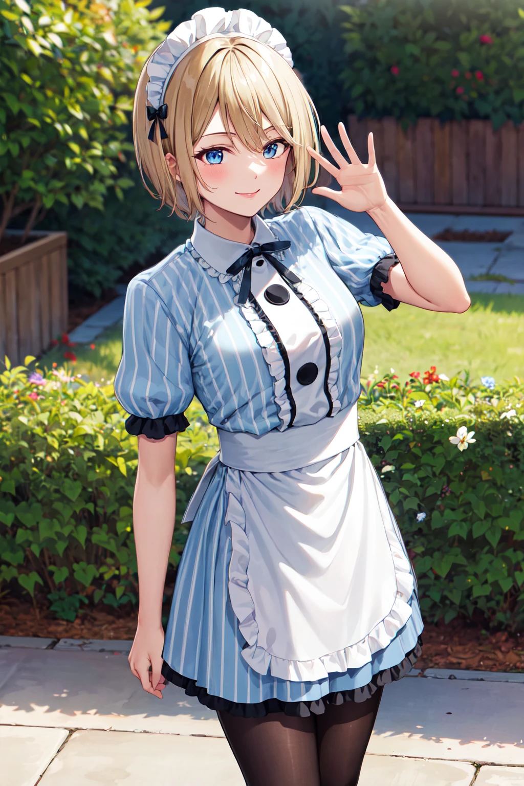 masterpiece, best quality, highres, 1girl, solo, short hair, blonde hair, blue eyes, maid headdress, neck ribbon, frills, vertical-striped dress, blue dress, short sleeves, white apron, black pantyhose, <lora:hououji_akane_v1:0.7>, standing, smile, waving, outdoors
