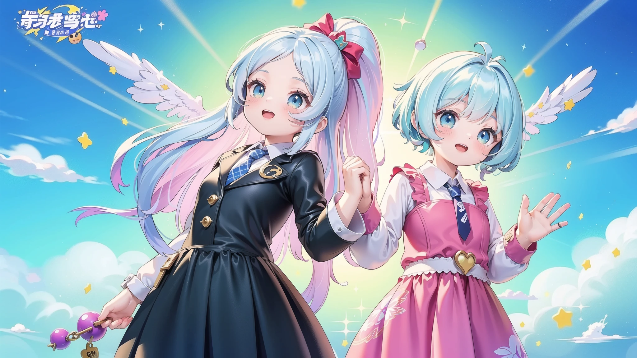 <lora:Game Icon Institutemmo:0.5>,(masterpiece, top quality, best quality, official art, beautiful and aesthetic:1.2),(8k, best quality, masterpiece:1.2),a cartoon character flying through the air with other characters in the background and a rainbow colored sky with clouds, 1girl, smile, open_mouth, blue_eyes, white_hair, necktie, holding_hands