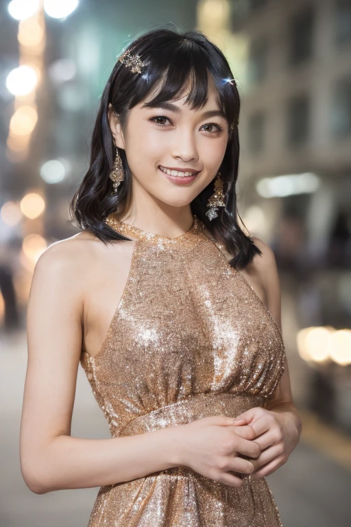1girl, (wearing a glittery evening dress:1.8),(RAW photo, best quality), (realistic, photo-realistic:1.4), masterpiece, an extremely delicate and beautiful, extremely detailed, 2k wallpaper, Amazing, finely detail, extremely detailed CG unity 8k wallpaper, ultra-detailed, highres, soft light, beautiful detailed girl, extremely detailed eyes and face, beautiful detailed nose, beautiful detailed eyes,cinematic lighting,(in the city at night:2.0),(night city view:1.8),perfect anatomy,(slender body:2.0),(smiling:1.6),(close up:2.2),(eyes wide:1.4),(looking at viewer:1.6),(japanese idol:1.8),cinematic angle,(wavy hair), (brown eyes:1.8),(standing:2.0), (cleavage:1.2), <lora:kubotamiyu_lora-10:0.8>